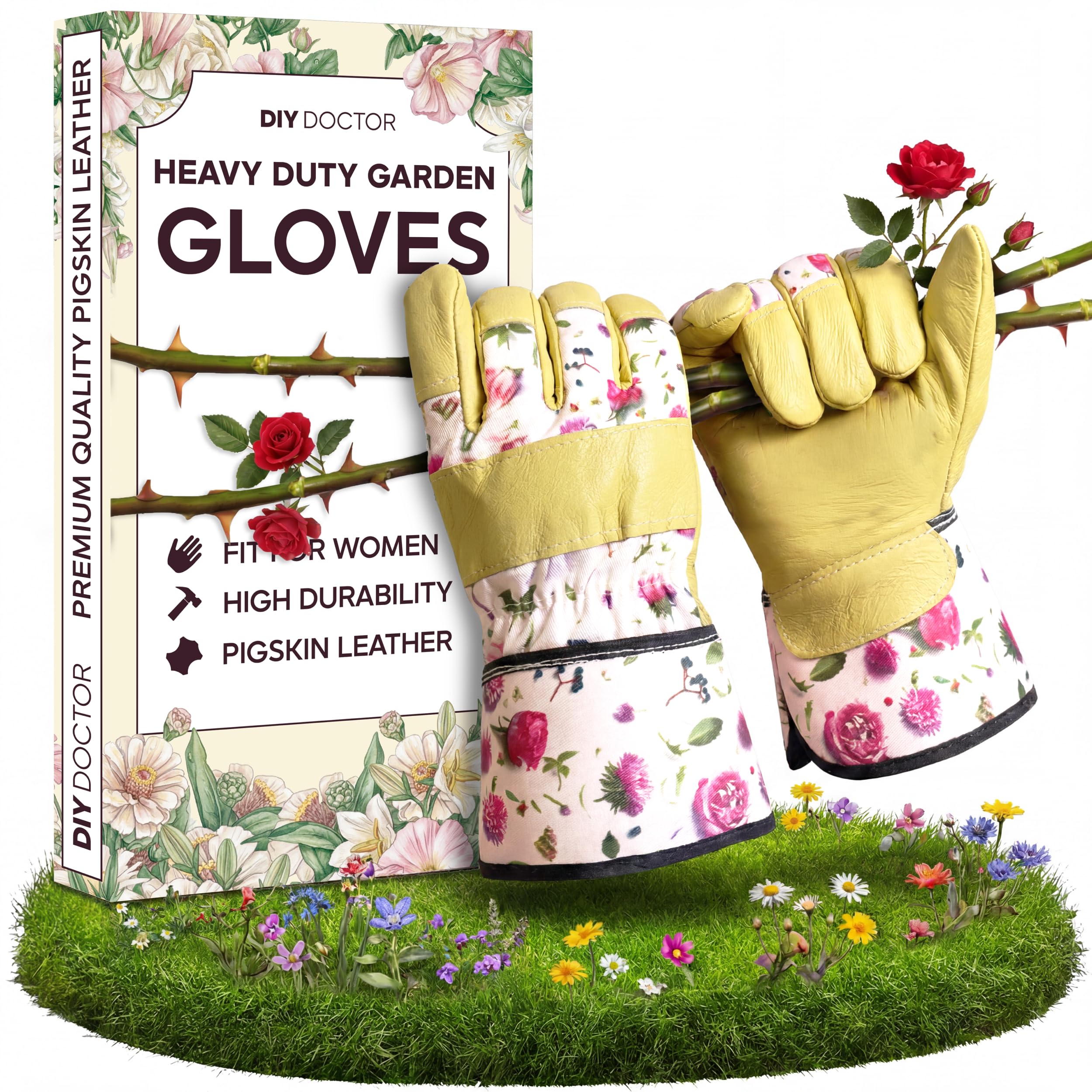 DIY Doctor Gardening Gloves for Women - Heavy Duty, Thick, Thorn Proof & Waterproof Garden Gloves - Stylish Leather Design with Floral Pattern