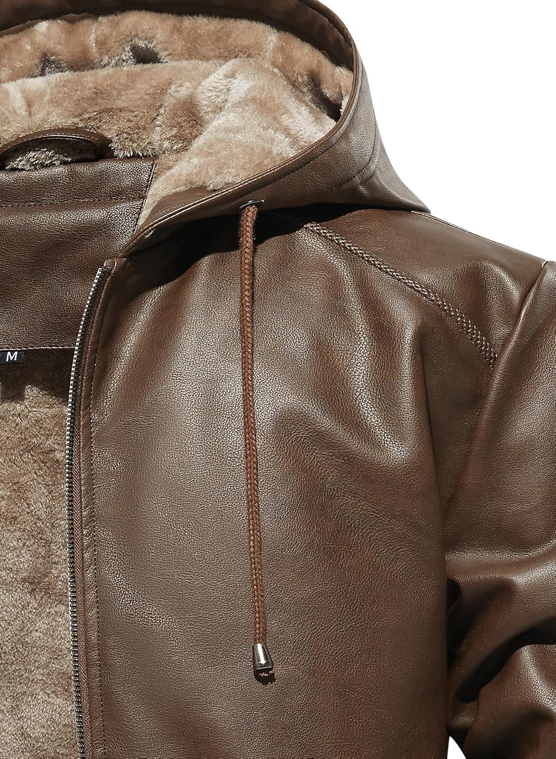 FANARCHER Men’s Faux Leather Jacket Fleece Padded Bomber Motorcycle Jacket with Hood - Image 2