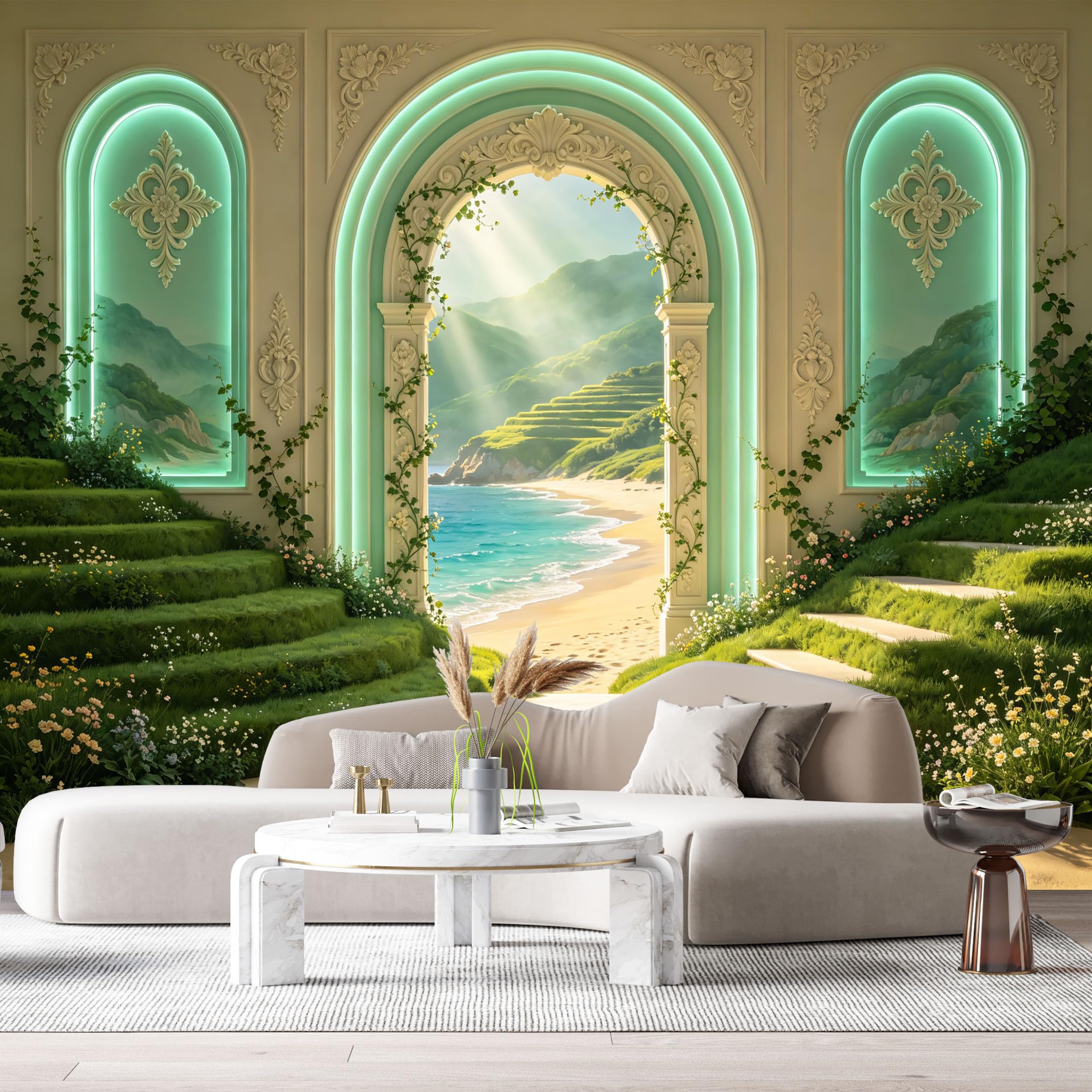 Custom Size Wall Murals Neoclassical Coastal Landscape Archway Ocean 3D Trompe L'Oeil SelfAdhesiveWall Fabric Removable Wallpaper Wall Decor for Living Room Bedroom Bathroom