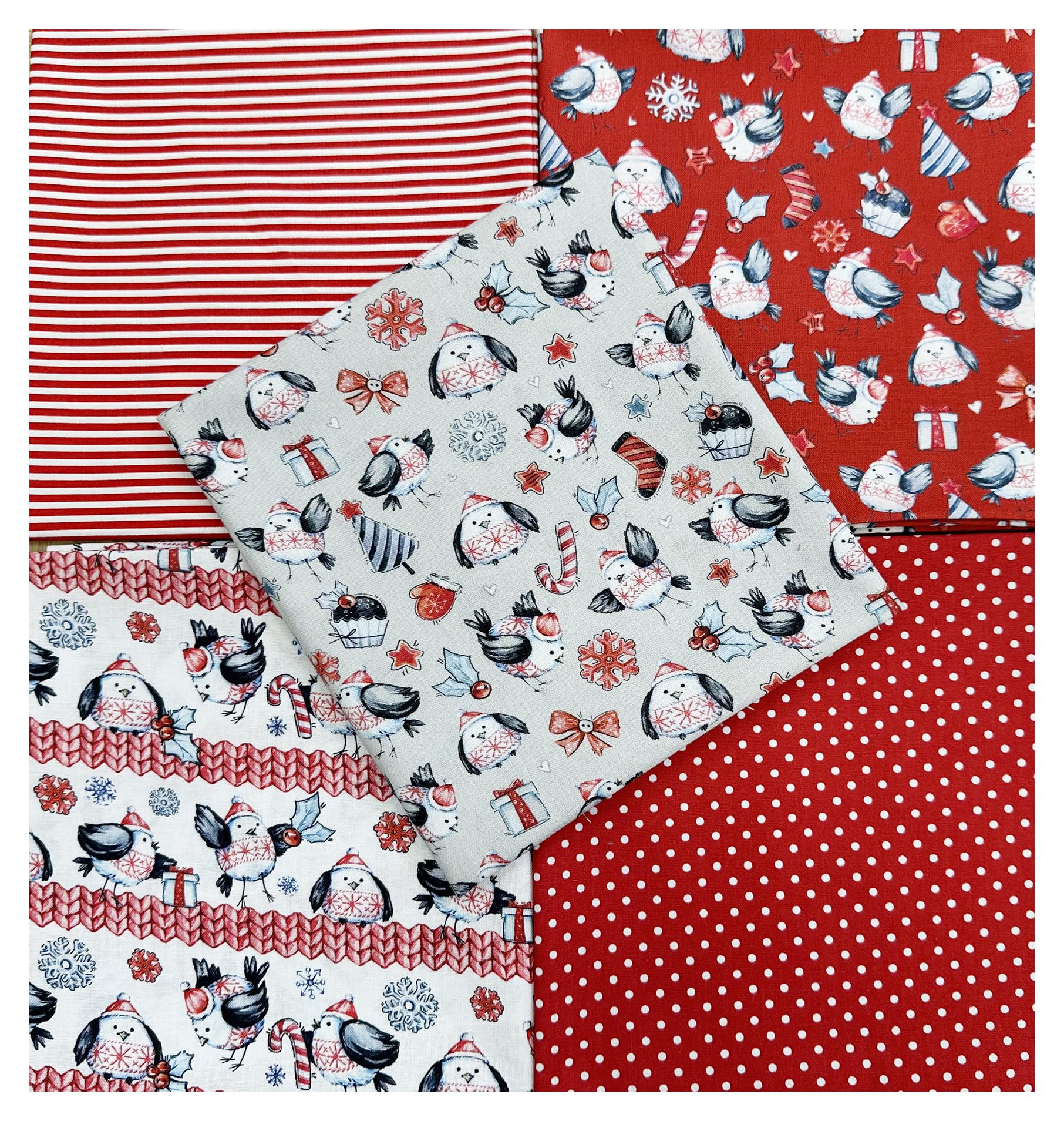 Christmas Fabric - Cute Red Robin Fat Quarter Bundle Fabric Mix - Bunting Craft Fabric Material