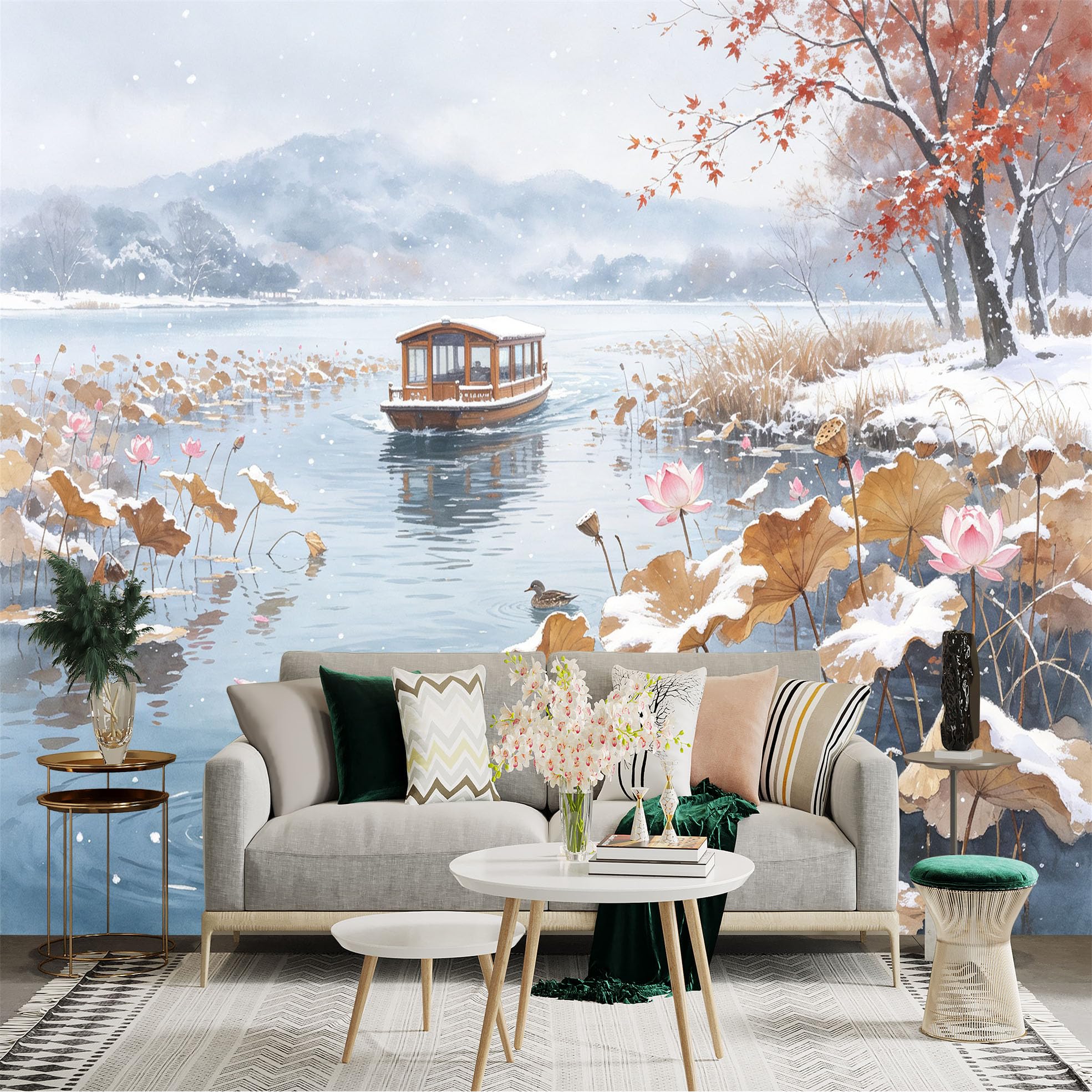 Custom Size Wall Sticker Mural， Snowy Lake Scene， Boat on Frozen Water， Lotus Flowers and Ducks， Winter Landscape Painting， for wall Decoration， peelandstick wall Decals.