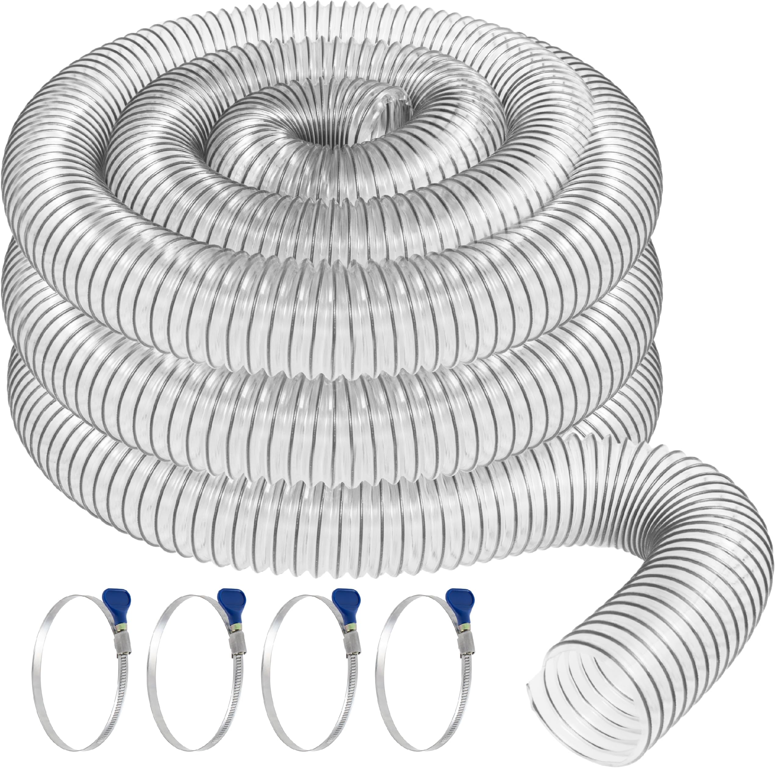 Fulton Woodworking Tools 4 x 20 PVC Dust Collection Hose with 4 Thumbscrew Clamps, Proudly Made in USA Puncture Resistant PVC Hose with Carbon Steel Wire, Flexible Clear PVC and Fume Collection