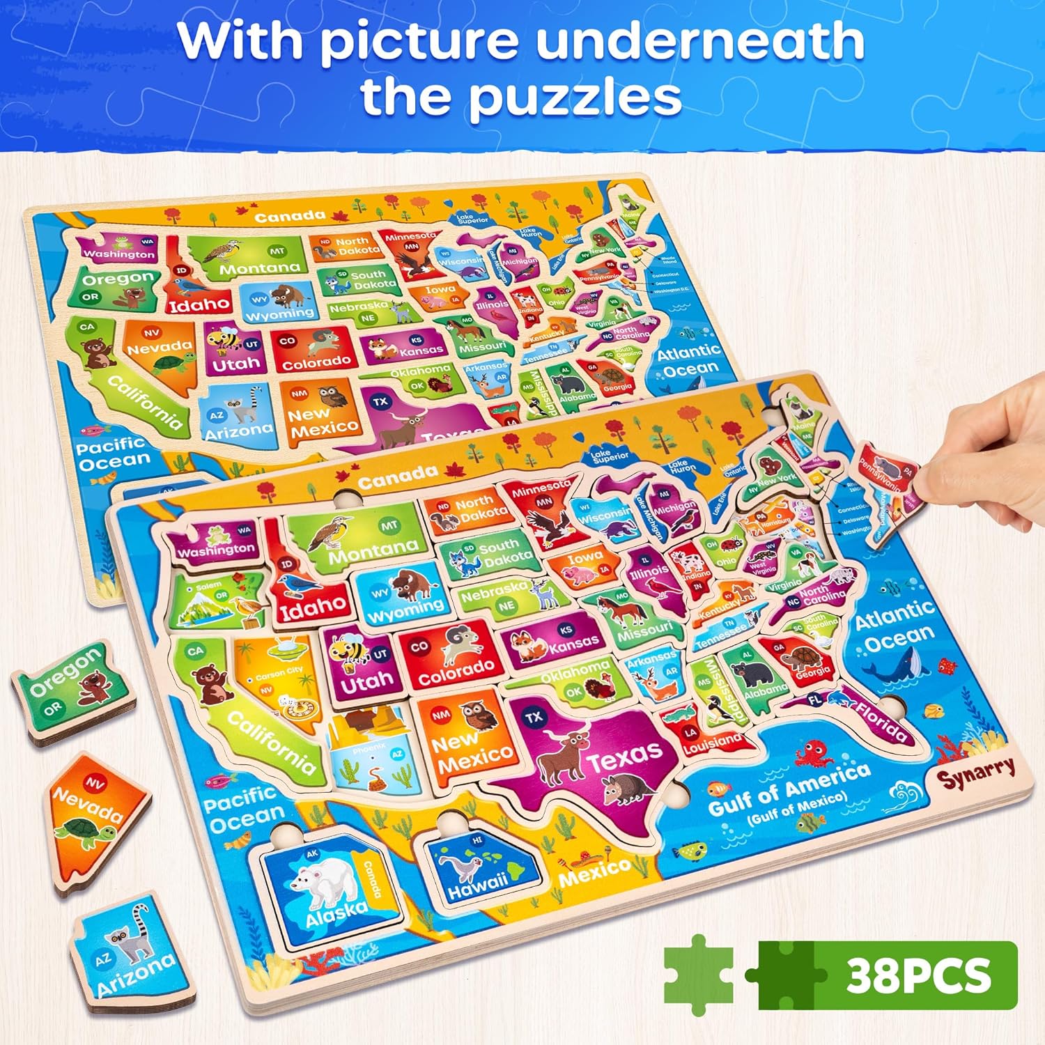SYNARRY Large USA Wooden Puzzles for Kids Ages 3-5, Learning United States Map Puzles for Kids Ages 4-6, Wood Jigsaw Puzzles Educational Games Toys Gifts for Boys Girls Ages 3-8