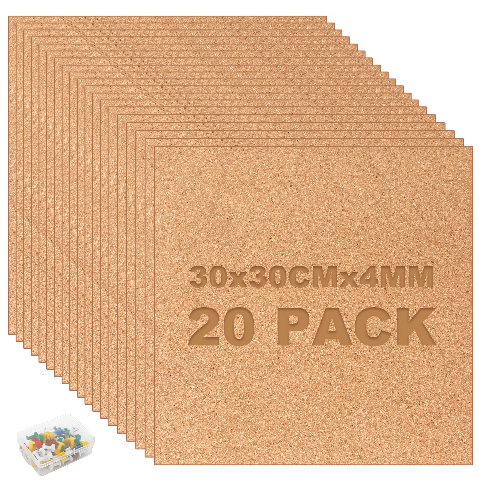Tablero Corcho sin Adhesivo 30x30 cm, 20 Piezas Autoadhesivo Pared con 60 Chinchetas para Fotos Notas