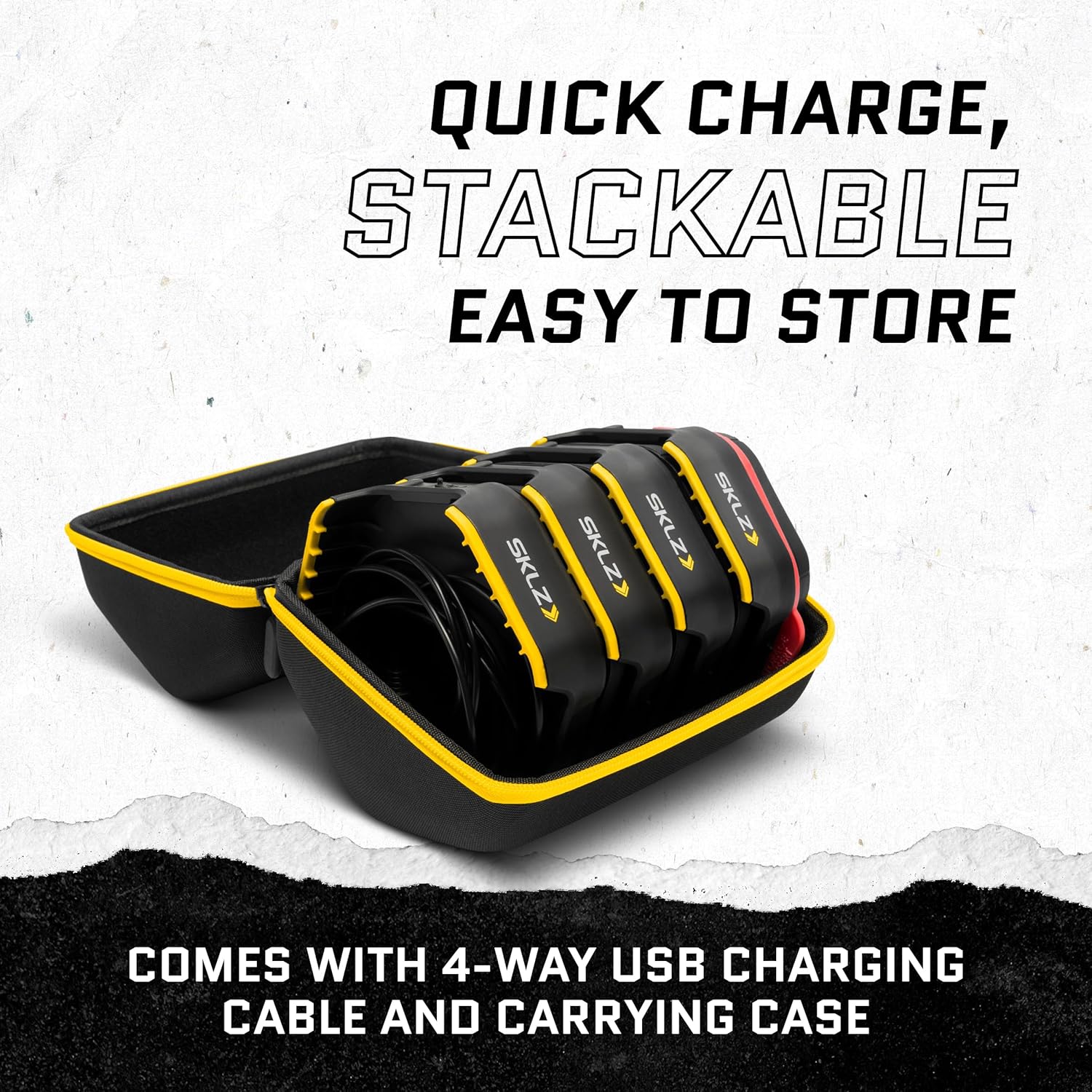 SKLZ Reactive Flash LED Training Pods stacked neatly in their carrying case with the 4-way USB charging cable.