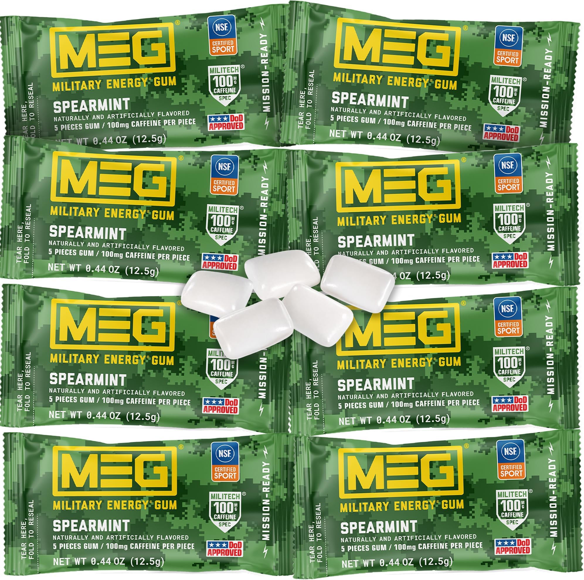 MEG Military Energy Gum, Spearmint | Caffeine Gum - Pack of 8, 40 Count | 100mg Caffeine Per Piece for Physical Performance, Energy Gum and Caffeine Gum for Energy Boost, NSF for Sport® Certified