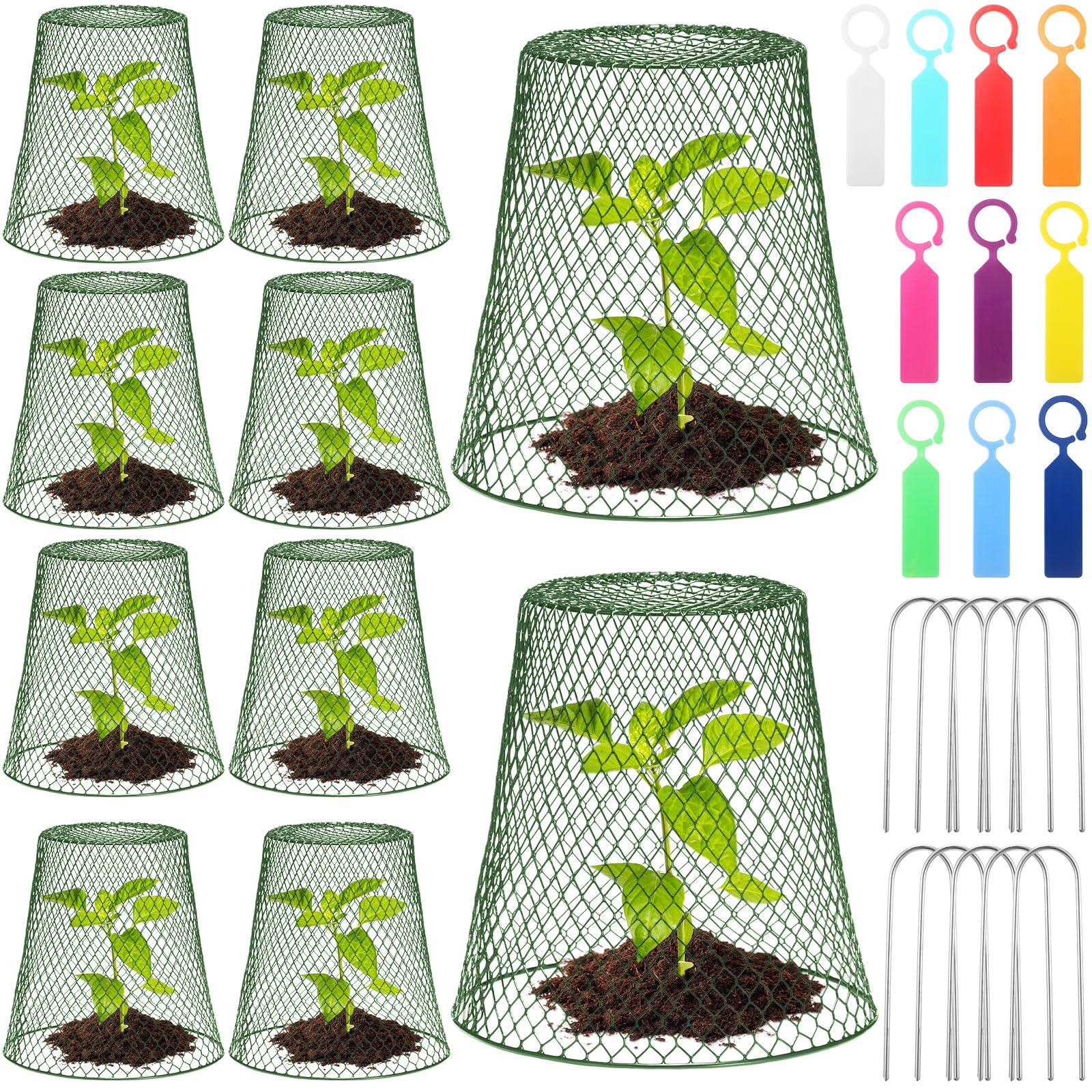 Geosar 10 Pcs 9 inch Chicken Wire Cloche Plant Protector Cover Metal Garden Cloche Dome for Plants Chicken Wire Protection Basket with Garden Stakes for Avoiding Rabbit Bird Small Animals Eat (Green)