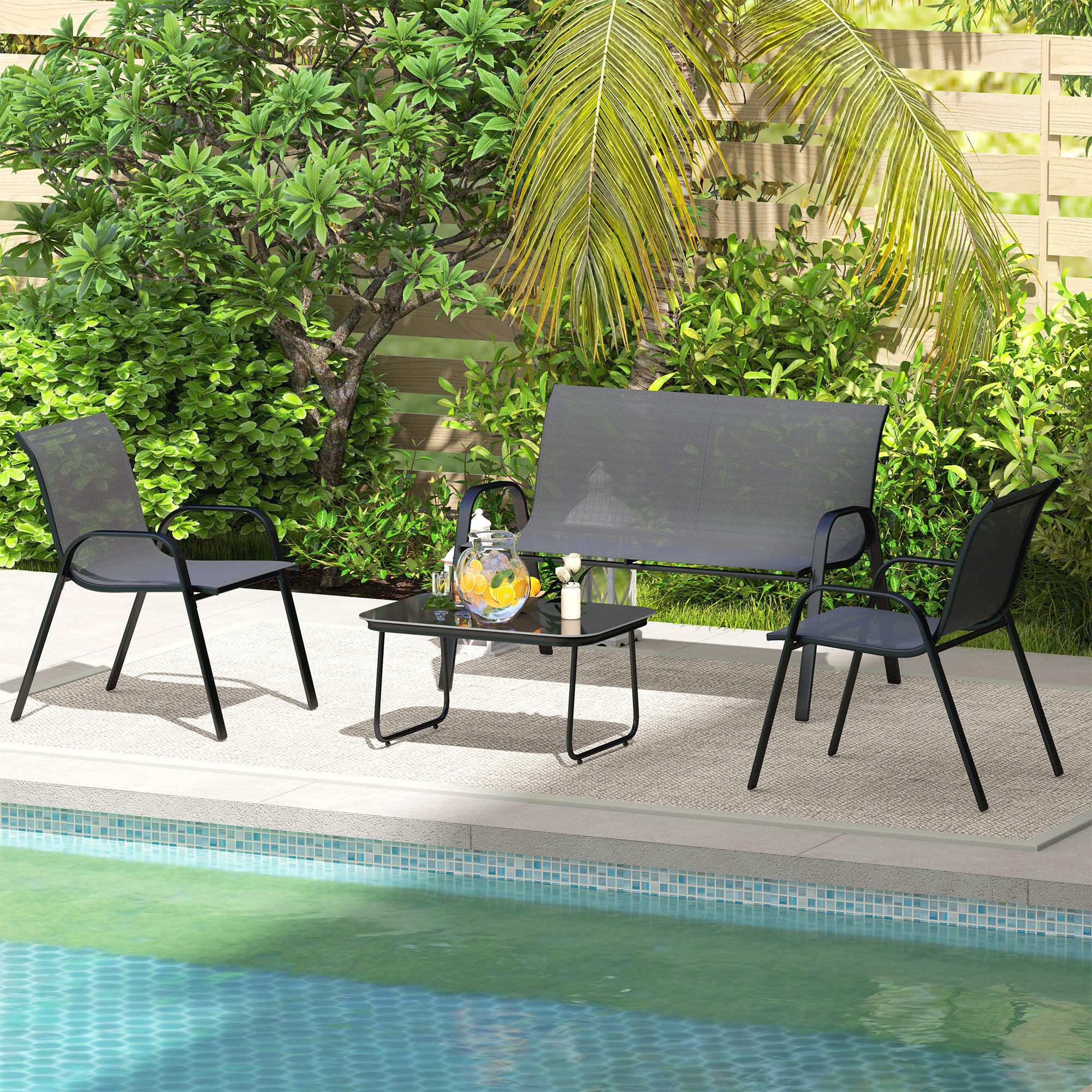 Outsunny Set Salotto da Giardino 4 Pezzi, Divanetto 2 Posti, 2 Sedie Impilabili, Tavolo Caffè Vetro, Acciaio, Texteline Nero