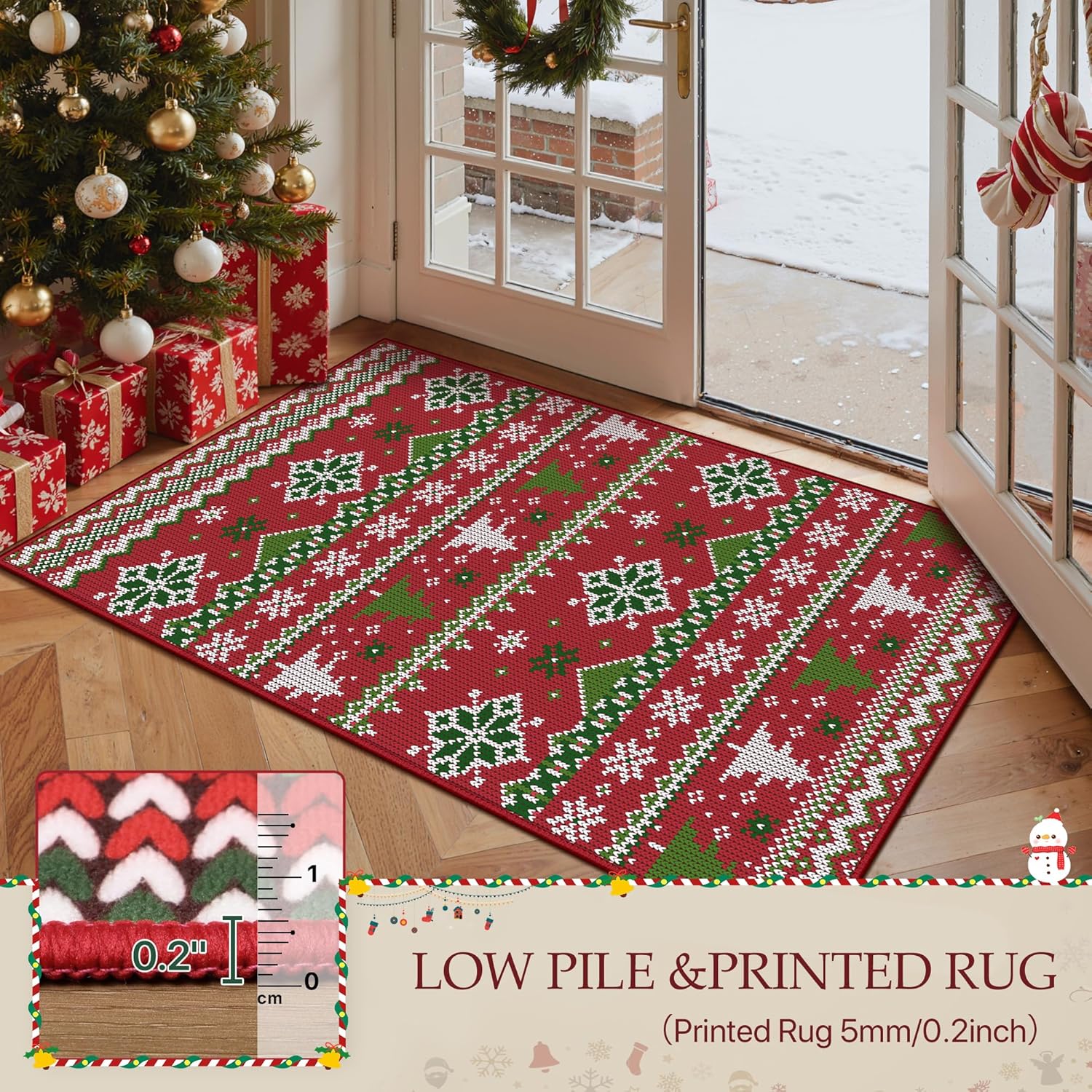GENIMO 8x10 Christmas Rug for Living Room, Red Washable Rugs Non Slip, Snowflake & Tree Print Carpet, Low Pile Christmas Area Rug for Holiday Decor, Bedroom, Dining Room