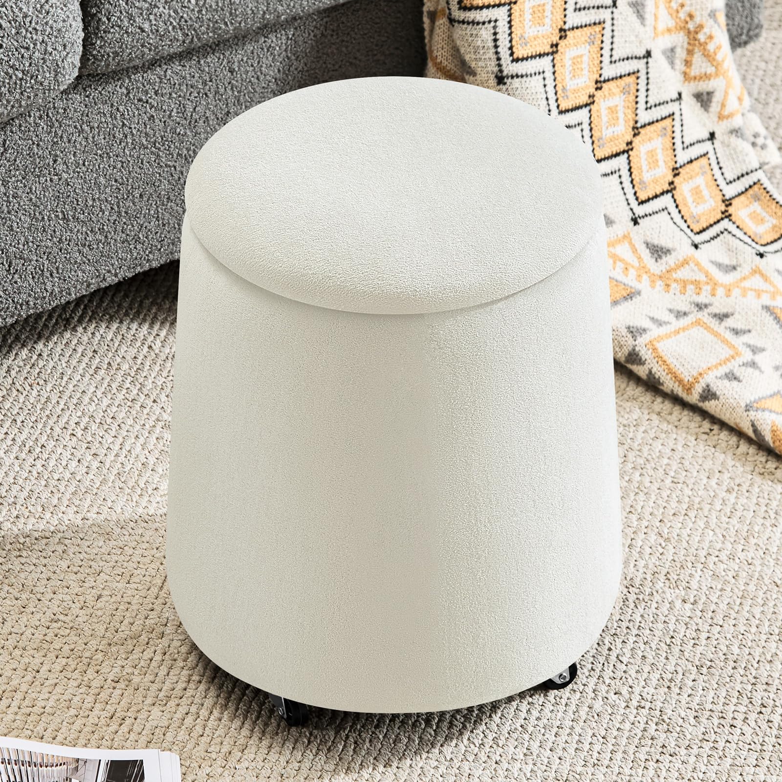 Hellove Sitzhocker mit Stauraum, Teddy Stoff Hocker mit Rollen, Couchtisch Deckel abnehmbar, Polsterhocker rund für Schminktisch, Wohnzimmer & Flur Möbel, Stauhocker Wohnen, Ø37 x 45cm