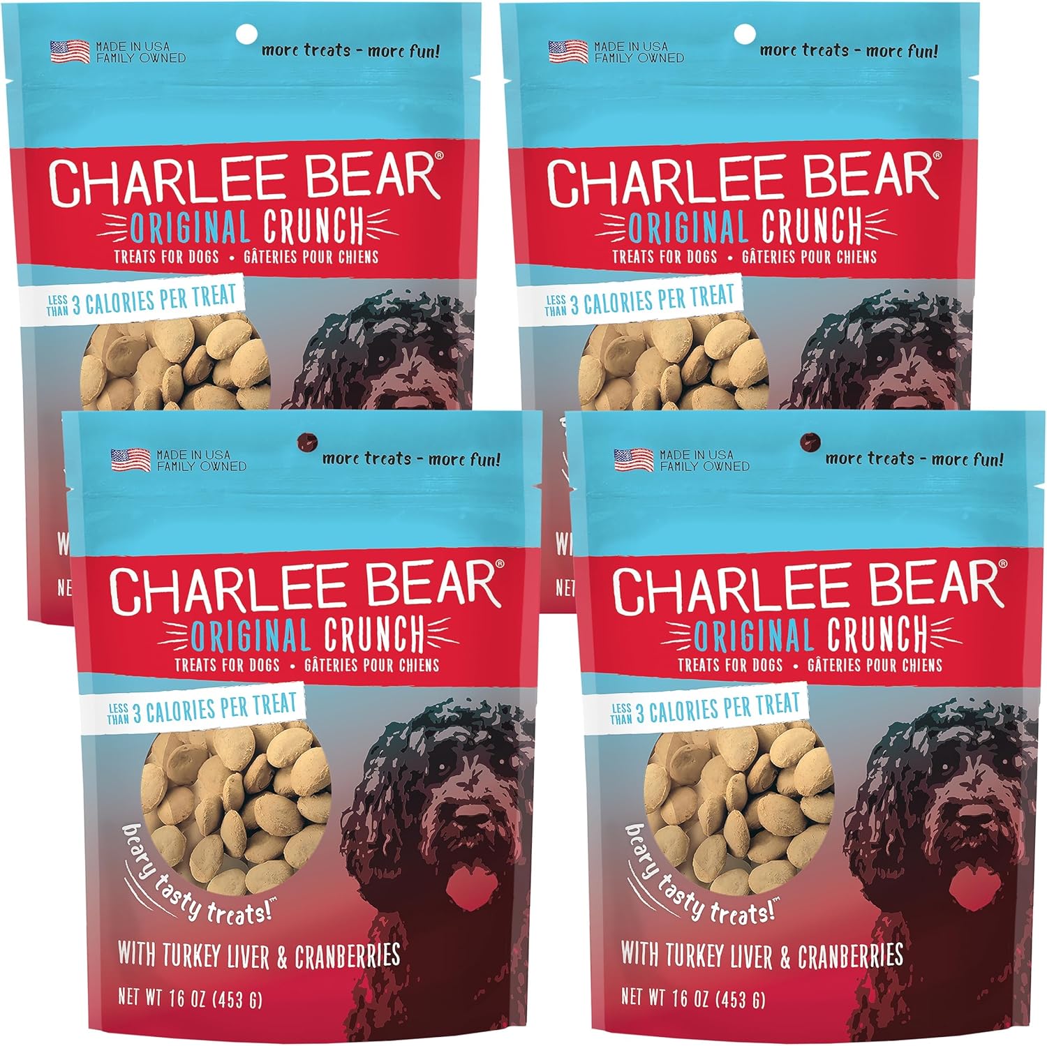 Charlee Bear Dog Training Treats for Small, Medium, or Large Pups, Crunchy Low Cal Dog Snack for Puppy Training, Made in USA (Turkey Liver & Cranberry) 16oz, 4 Pack