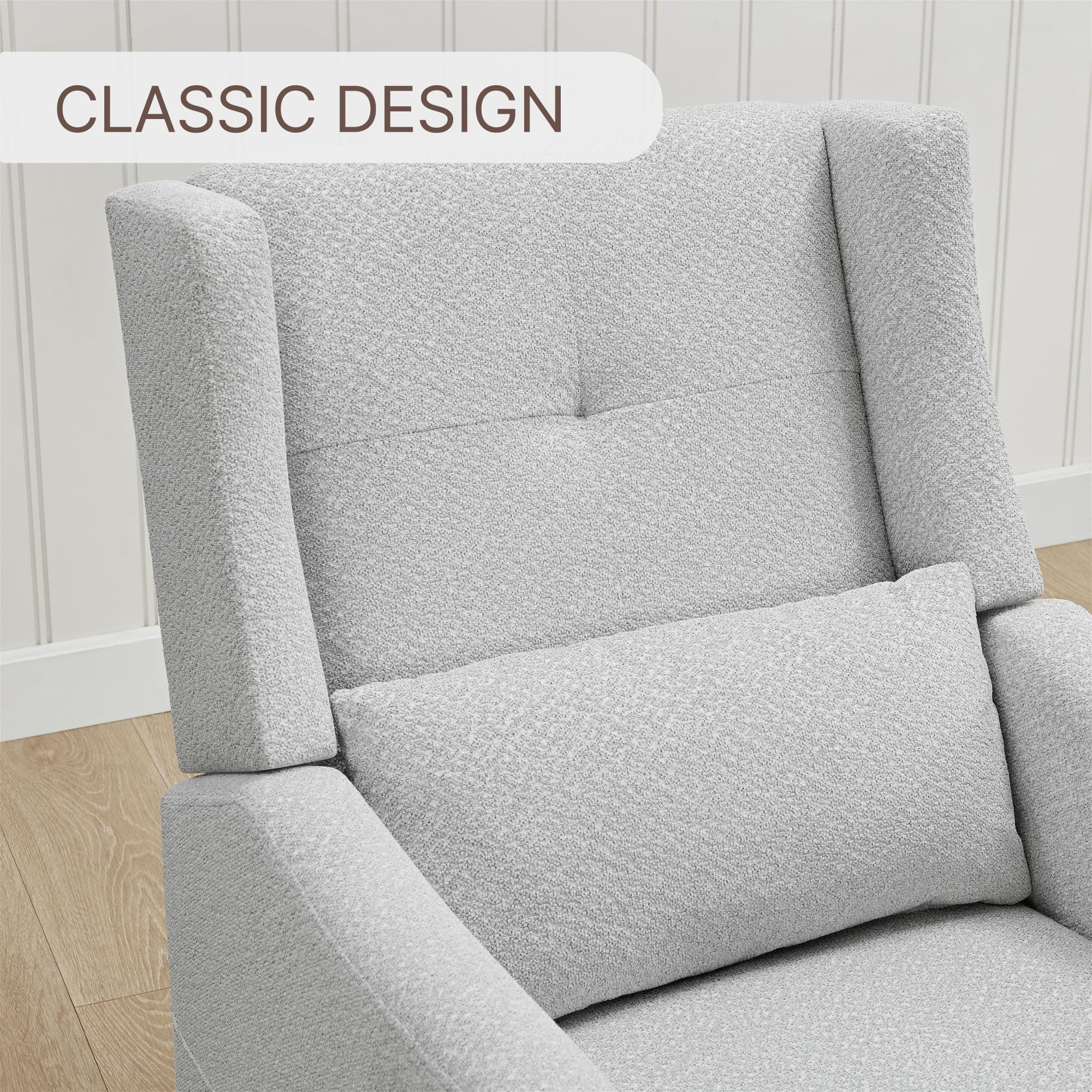 KISLOT Upholstered Recliner Swivel Glider Nursery Chair Reclining Performance Fabric Rocker with Wood Base,Boucle,Grey