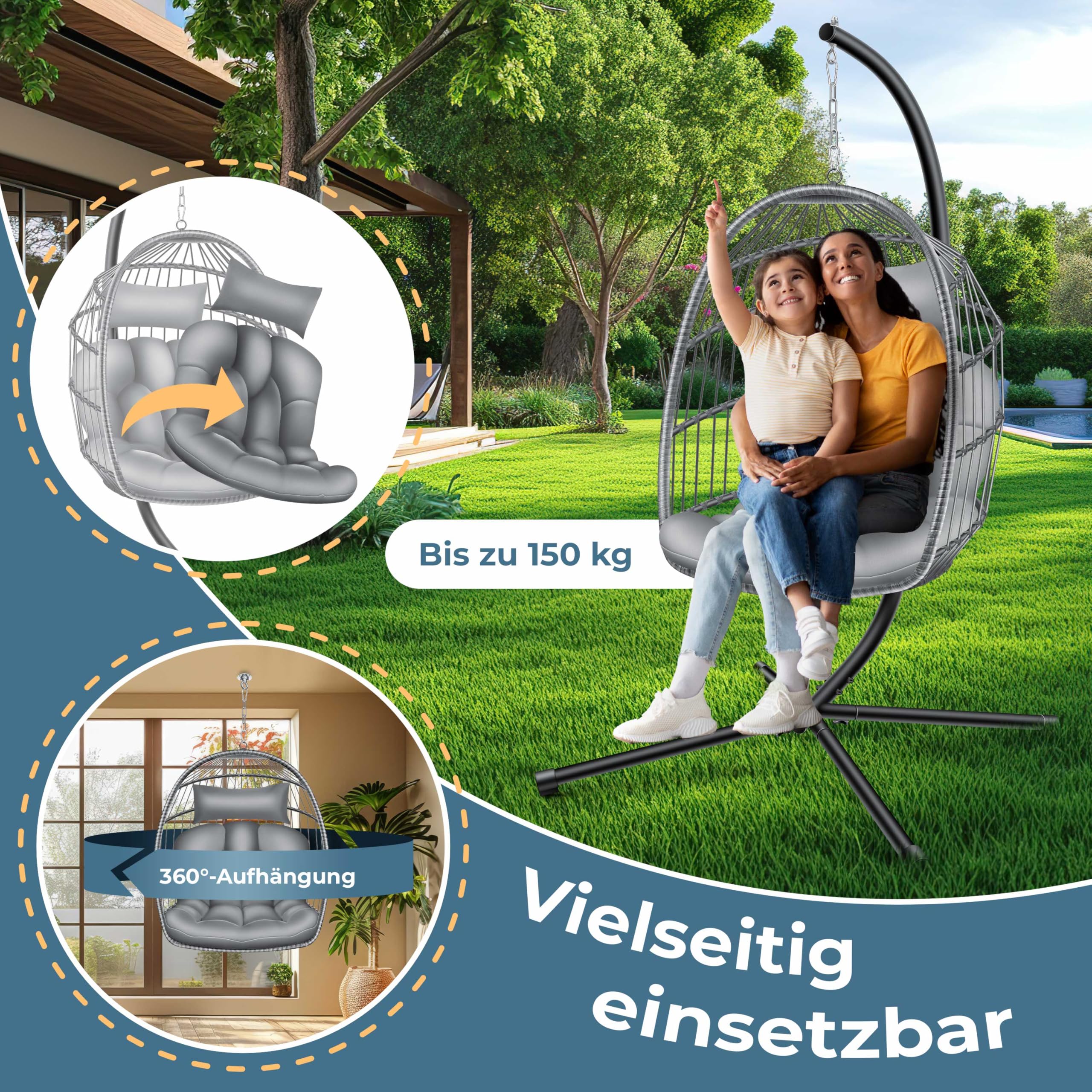 KESSER® Hängesessel Jungle mit Gestell Stahl Hängekorb Sessel Großen Kissen + Decken Halterung + Cover Hängeschaukel Hängesitz Indoor - Outdoor Schaukel Hängestuhl für Kinder und Erwachsene, Grau