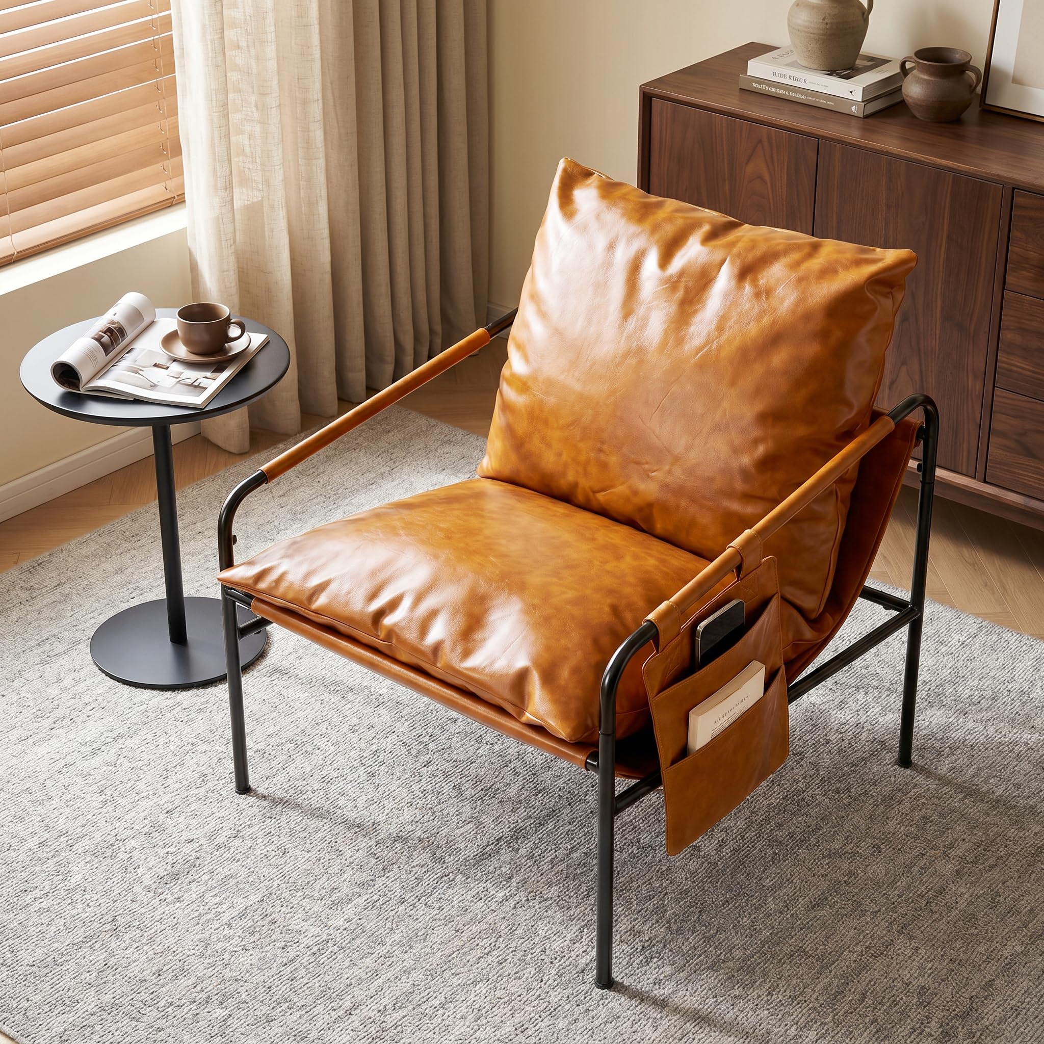 Modern Faux leather Armchair Comfy Accent Chair with Sturdy Metal Frame Wood Armrest And bag Living Room chairs Soft Cushion Lounge couch sofa Chair Oversized Reading chair for Bedroom Patio Porch