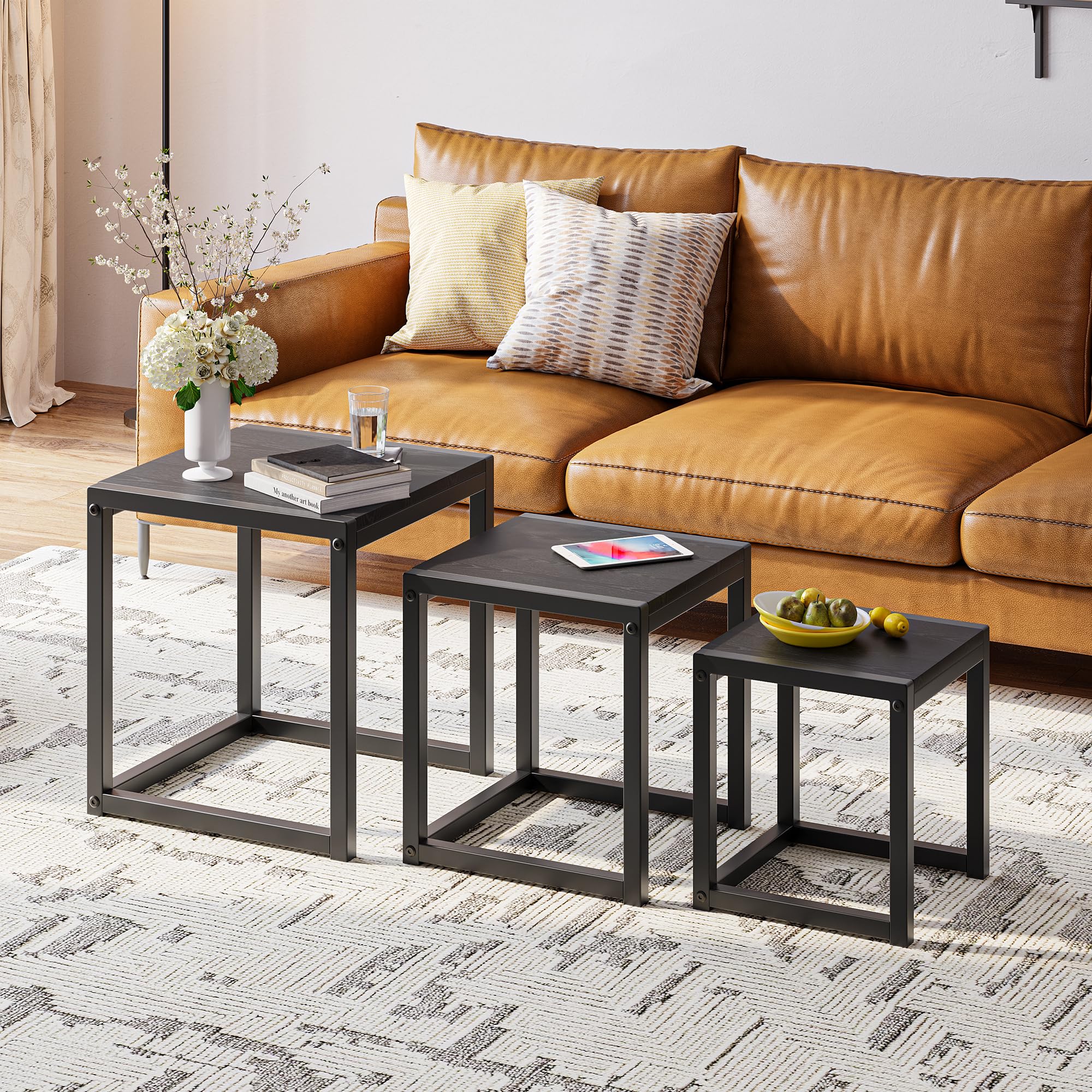 DUMEE Nesting Tables Set of 3 Wooden Coffee Table Side End Tables Sturdy Steel Metal Frame Living Room Bedroom,Space Saving Stacking Nightstand Furniture Small Apartments Dorm Room Easy Assembly,Black — image 1