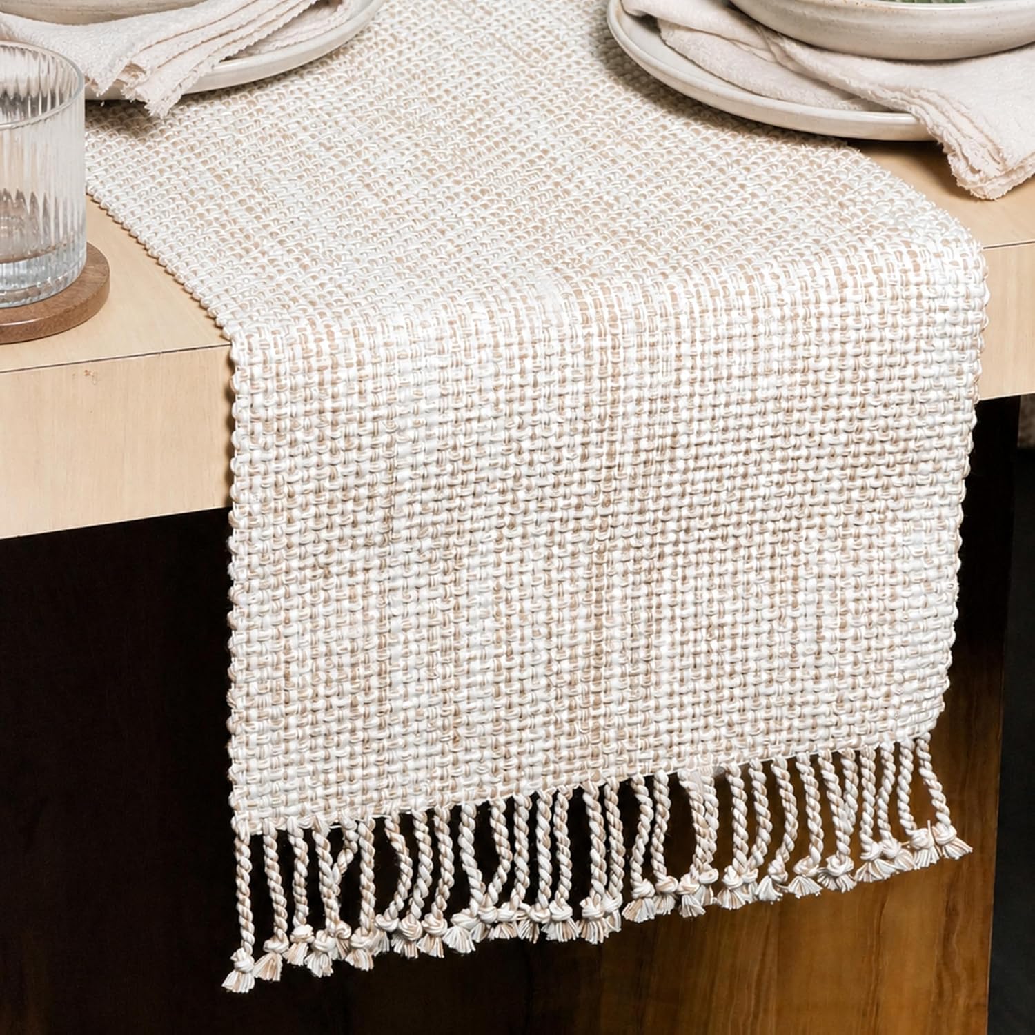 Cotton Table Runner, 13x72 Inch, Neutral Beige Ivory | Textured Woven Fabric, Washable and Durable, Boho Farmhouse Style, Dining Table and Kitchen Home Décor
