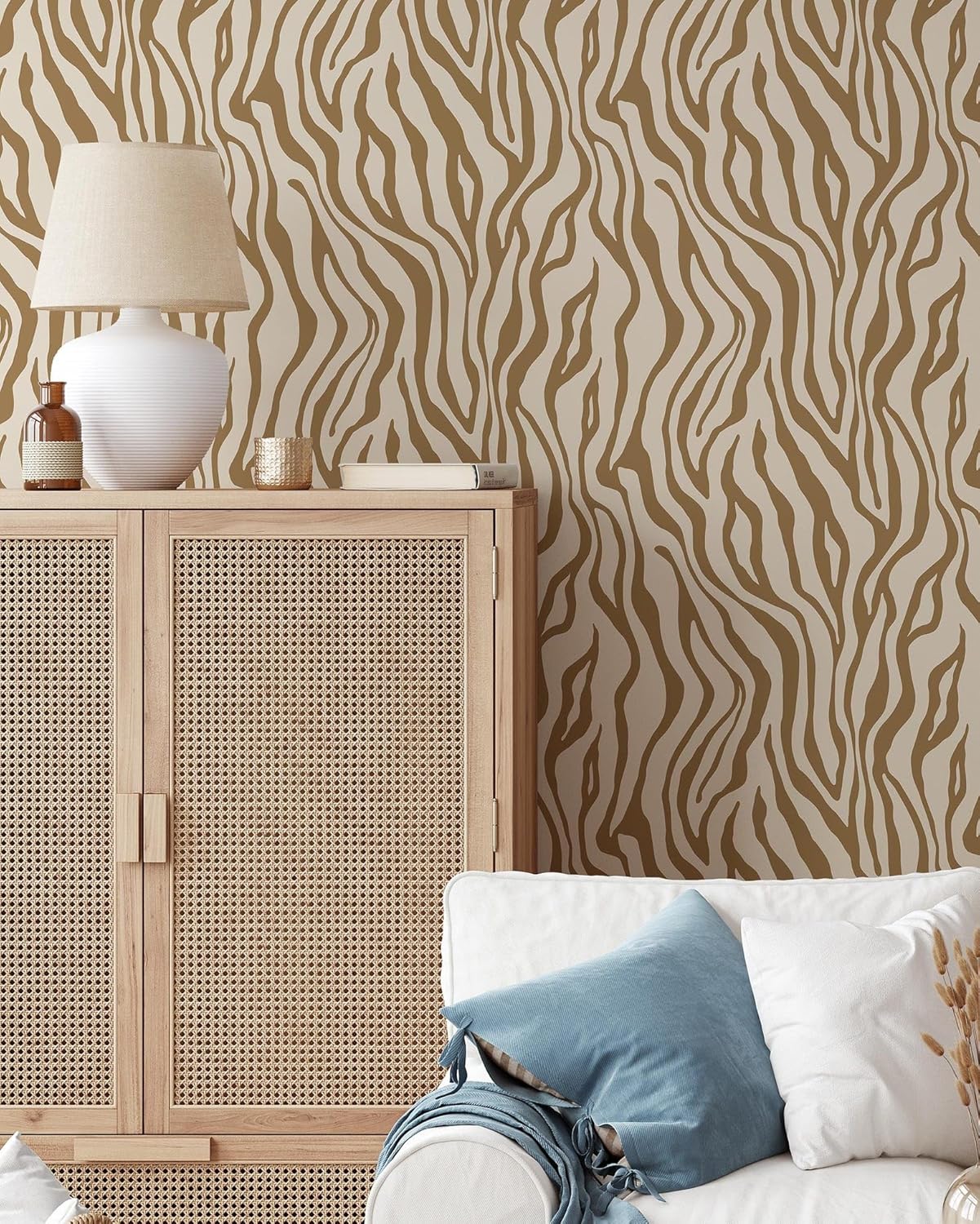 Contemporary Tiger Print Wallpaper | Removable Self Adhesive Jungle Animal Waves Skin Wallpaper | Neutral Modern Peel and Stick Wall Decor (1 roll 24" W x 96" H)