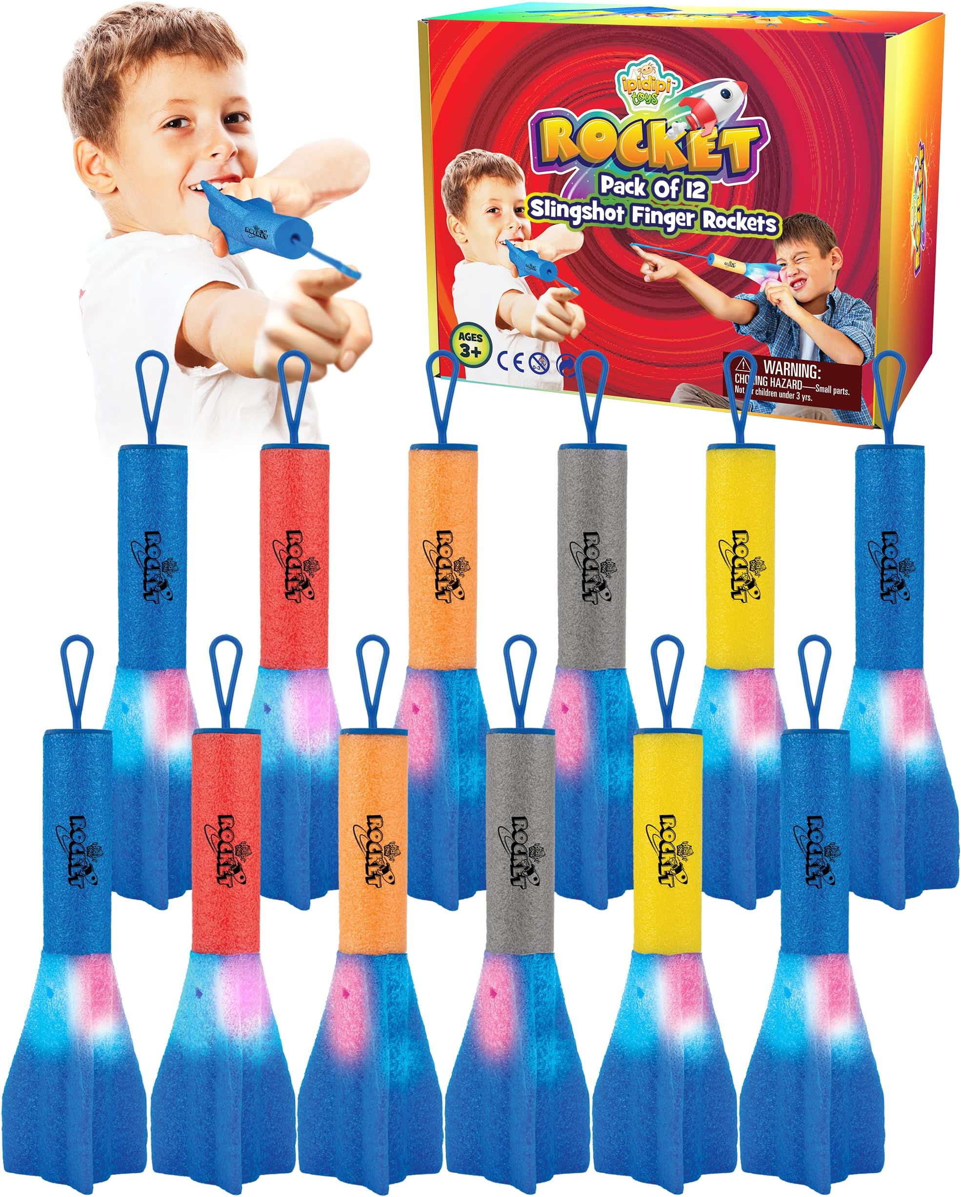 IPIDIPI TOYS Finger Rockets – Foam Rocket Launcher for Kids, Party Favors, High-Flying Air Rockets, Fun Gifts for Boys & Girls, Classroom Prizes – Assorted Colors, Pack of 12