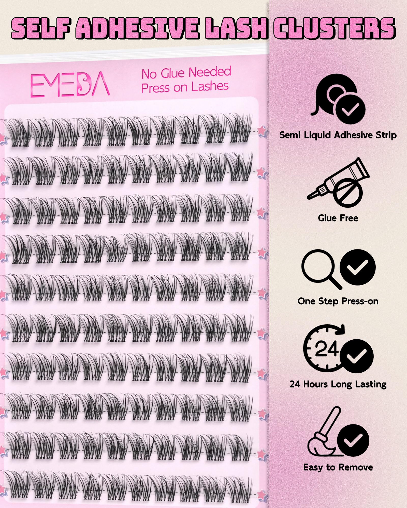 EMEDA krótki samoprzylepne rzęsy 8mm Naturalne samoprzylepne kępki rzęs Zestaw wstępnie przyklejonych kępek rzęs Bez lepkich pozostałości Kępki rzęs bez kleju Nie wymaga kleju (Venus 8mm)