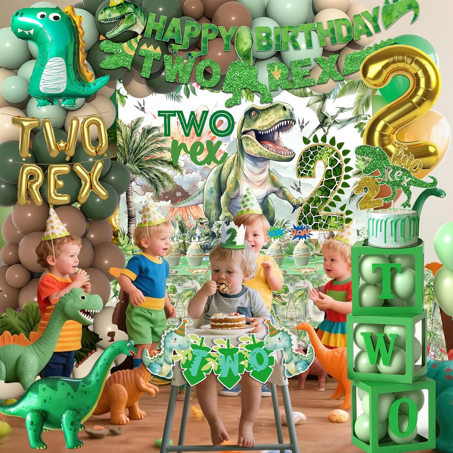 Two Rex Birthday Decorations Boy,Dinosaur 2nd Birthday Party Decorations Boys ,2 Rex Dinosaur Dino Party Decor Supplies - Backdrop, Banner, Tablecloth, swirls, balloon box