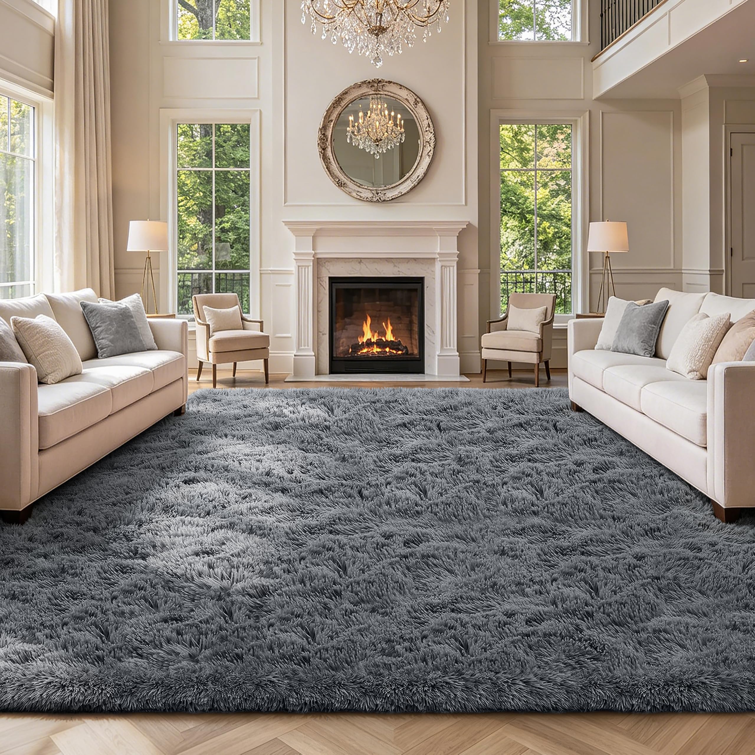 Photo 1 of 10X14 Large Shag Area Rugs for Living Room Bedroom,Big Soft Purple Fluffy Rug for Bedroom Dorm,Indoor Carpet Plush Rugs for Living Room Home Decor,Dark Grey