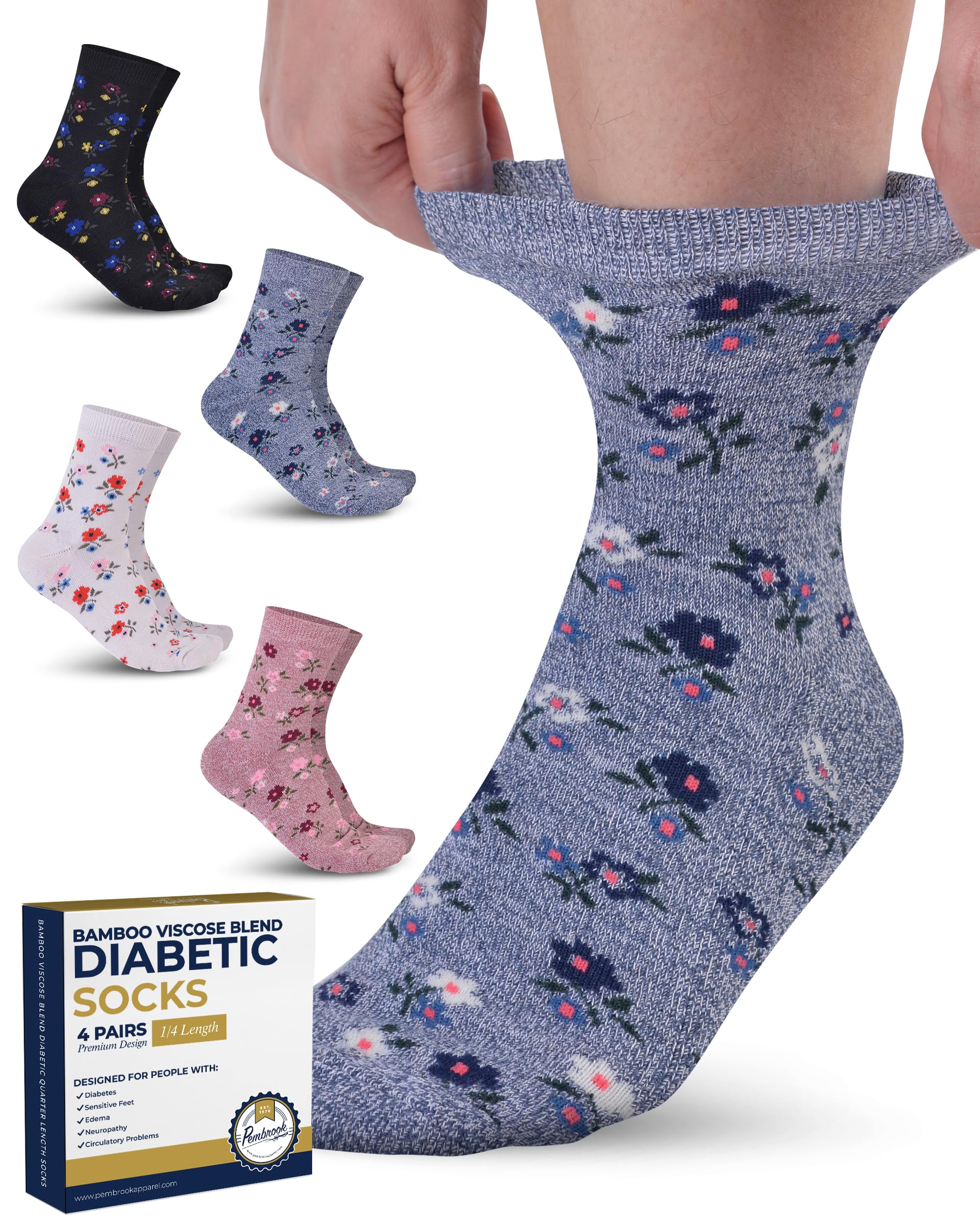 PembrookDiabetic Socks for Women & Men - 4 Pairs Ankle Socks Woman | Womens Diabetic Socks Size 9-11