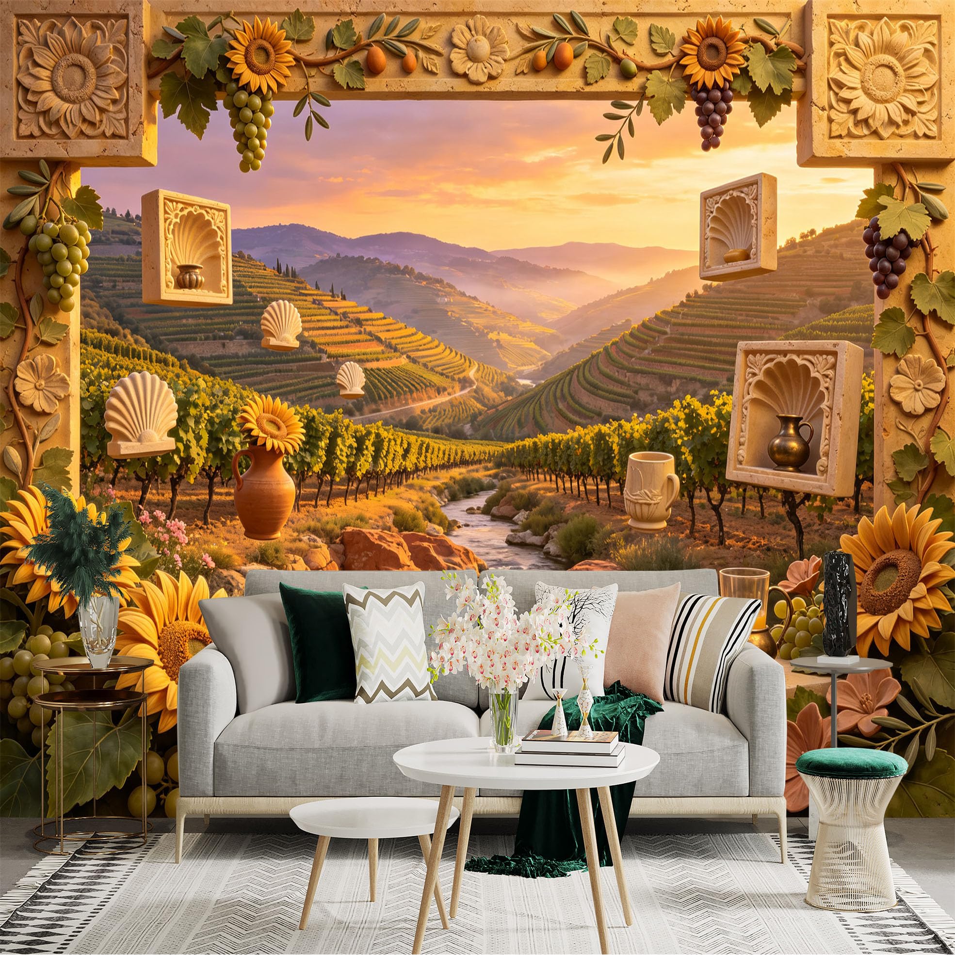 Lnzczhyre Bh260719782 Custom Size Wall Sticker Mural， Tuscan Vineyard Landscape， Rolling Hills And Sunflowers， Scenic River View， For Wall Decoration， Peelandstick Wall Decals.
