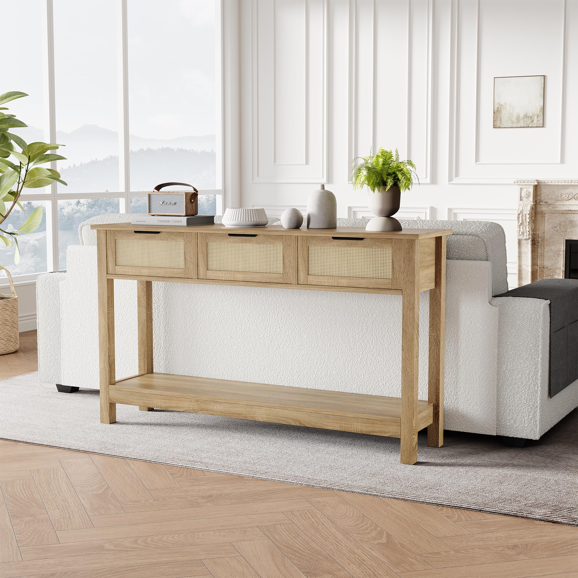 Luoxiao Rattan Console Table 3-Drawer 47' Narrow Wood Entryway Sofa Table — product photo