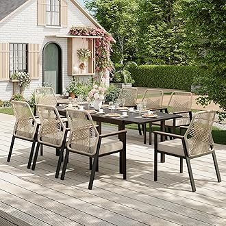 9 Pieces Outdoor Dining Set for 8, Patio Dining Set Wicker Rattan Chairs with Soft Cushion and Extendable Rectangular Table, Wicker Patio Table and Chairs for Backyard Porch