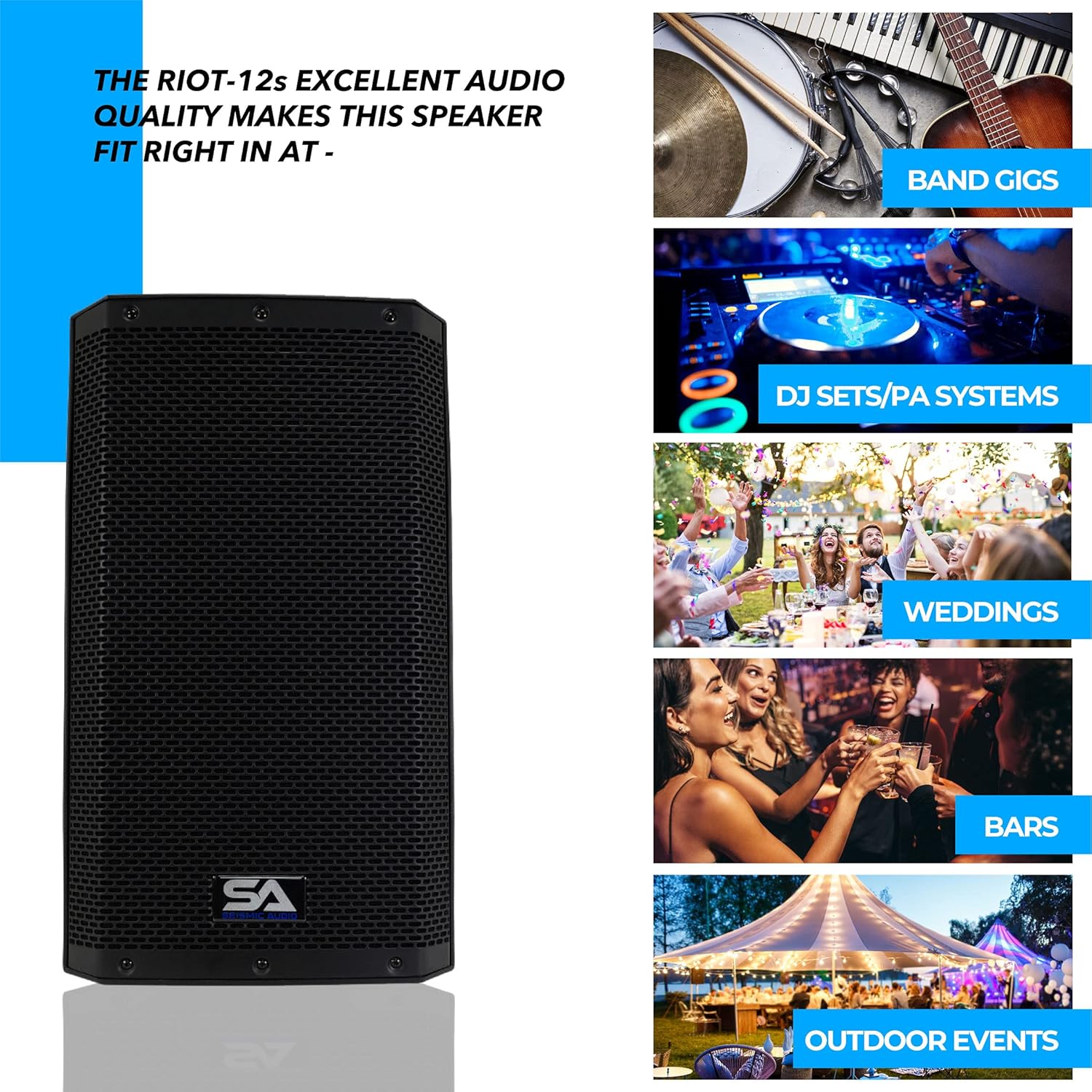 Seismic Audio Speakers Riot-12, Pair of Premium PA/DJ 2-Way Active PA/DJ Speakers, 12”, Bluetooth, DSP, Built in Mixer & Class D Amplifier