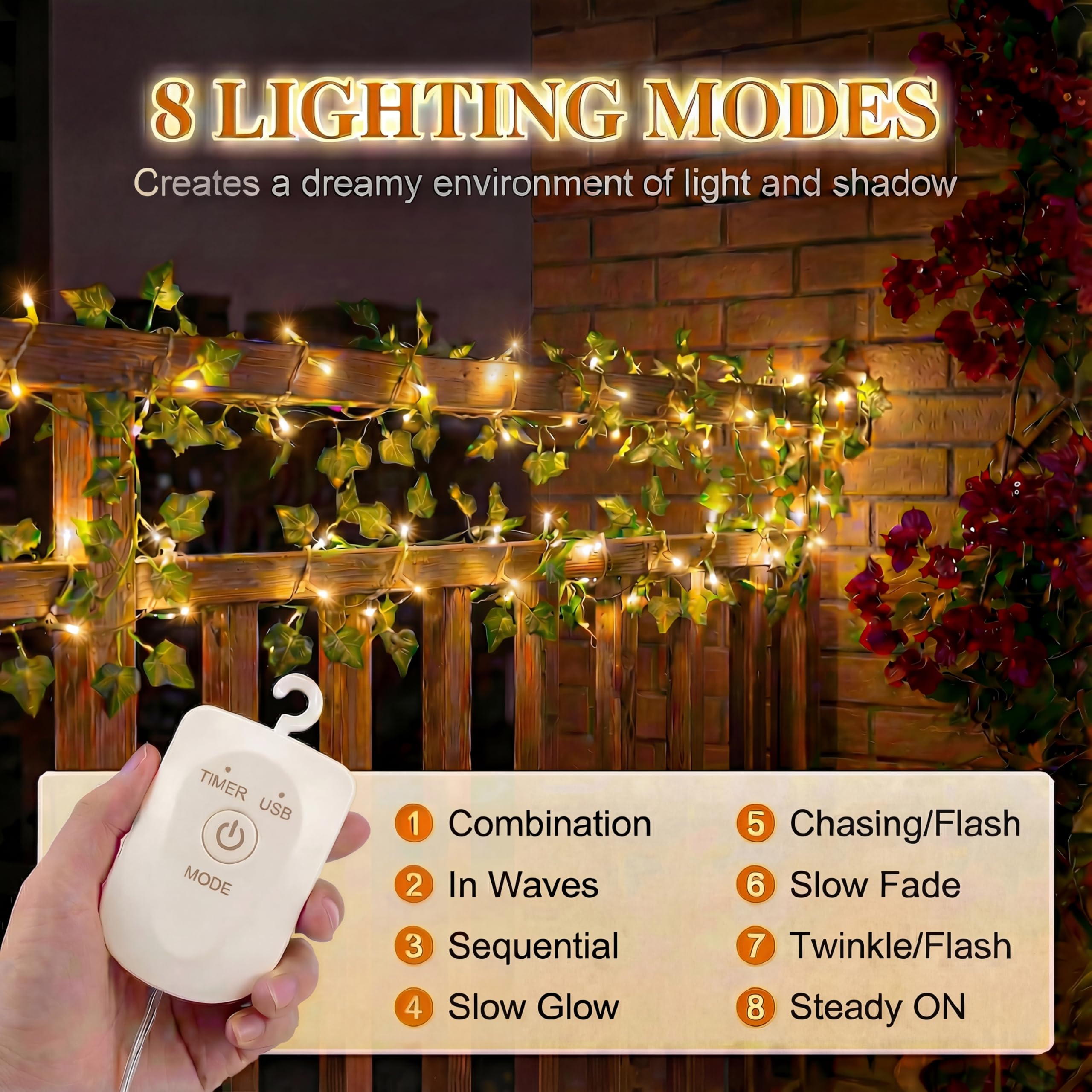 Luces de Hadas con Hojas,Luces LED de Hiedra Artificial, guirnalda de hiedra falsa de 3M con 30 LED, batería con 8 modos temporizador, USB para interiores, decoración para bodas fiestas