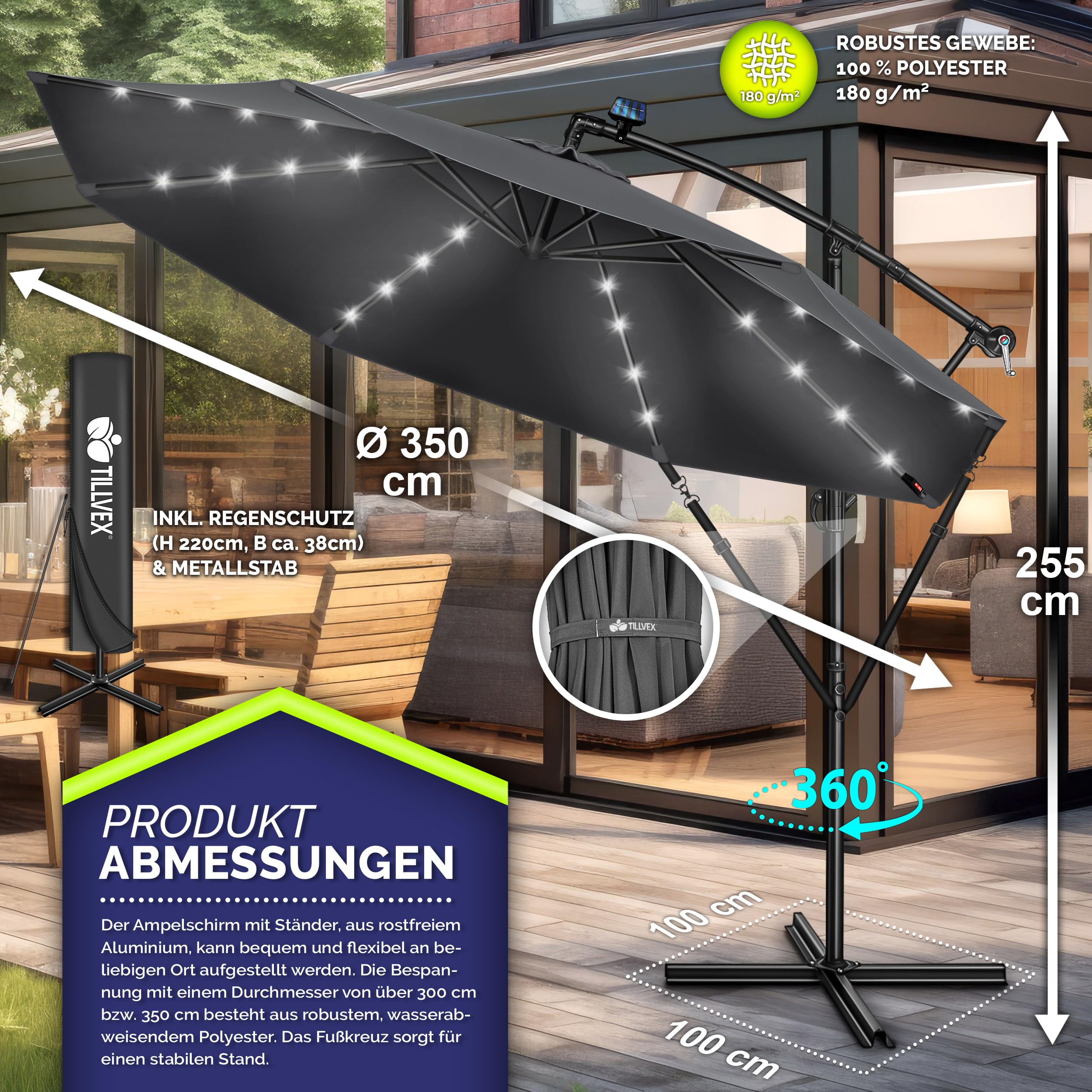 tillvex Alu Ampelschirm + Abdeckung LED Solar Ø 300 cm mit Kurbel, Abdeckung + Ständer | Sonnenschirm mit Windschutz | Gartenschirm UV-Schutz Aluminium | Kurbelschirm Marktschirm wasserdicht