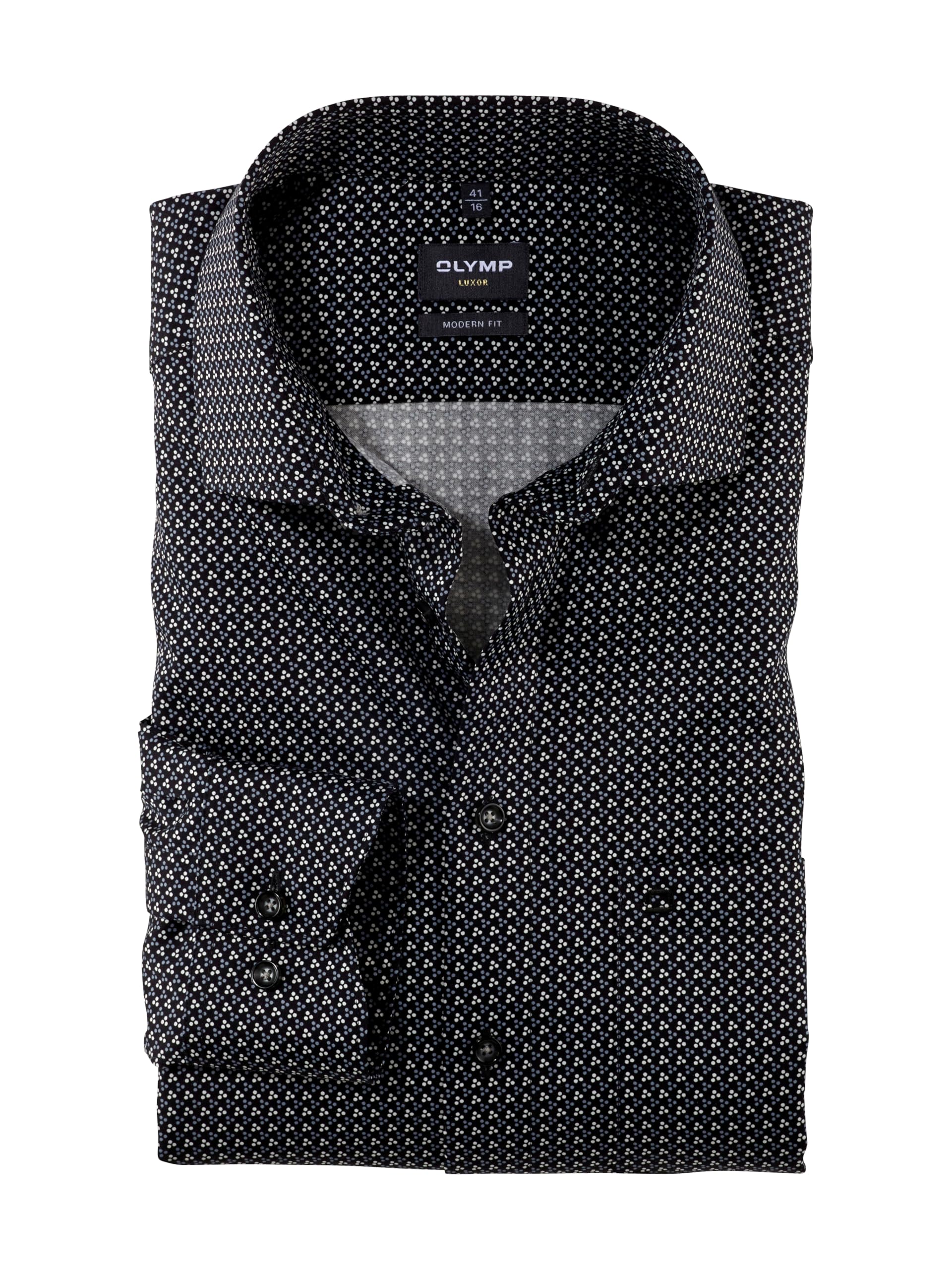 Olymp Men's Black 68. Luxor Long-Sleeved Shirt, Rotational Print On Y/D Dobby, Luxor Modern Fit, 19 Global Kent, 15.5