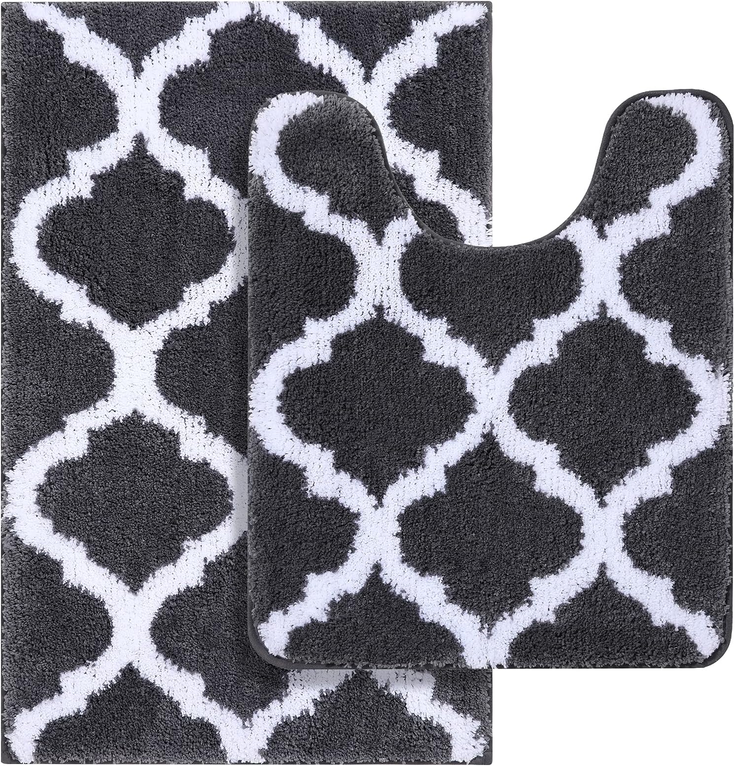 OLANLYBathroom Rugs Set 2 Piece Microfiber Bath Shower Mat and U-Shaped Toilet Rug, Machine Wash Dry, Non Slip Absorbent Shaggy Bath Rug for Tub, Shower and Bath Room (20" x 32"+20" x 24", Dark Grey)