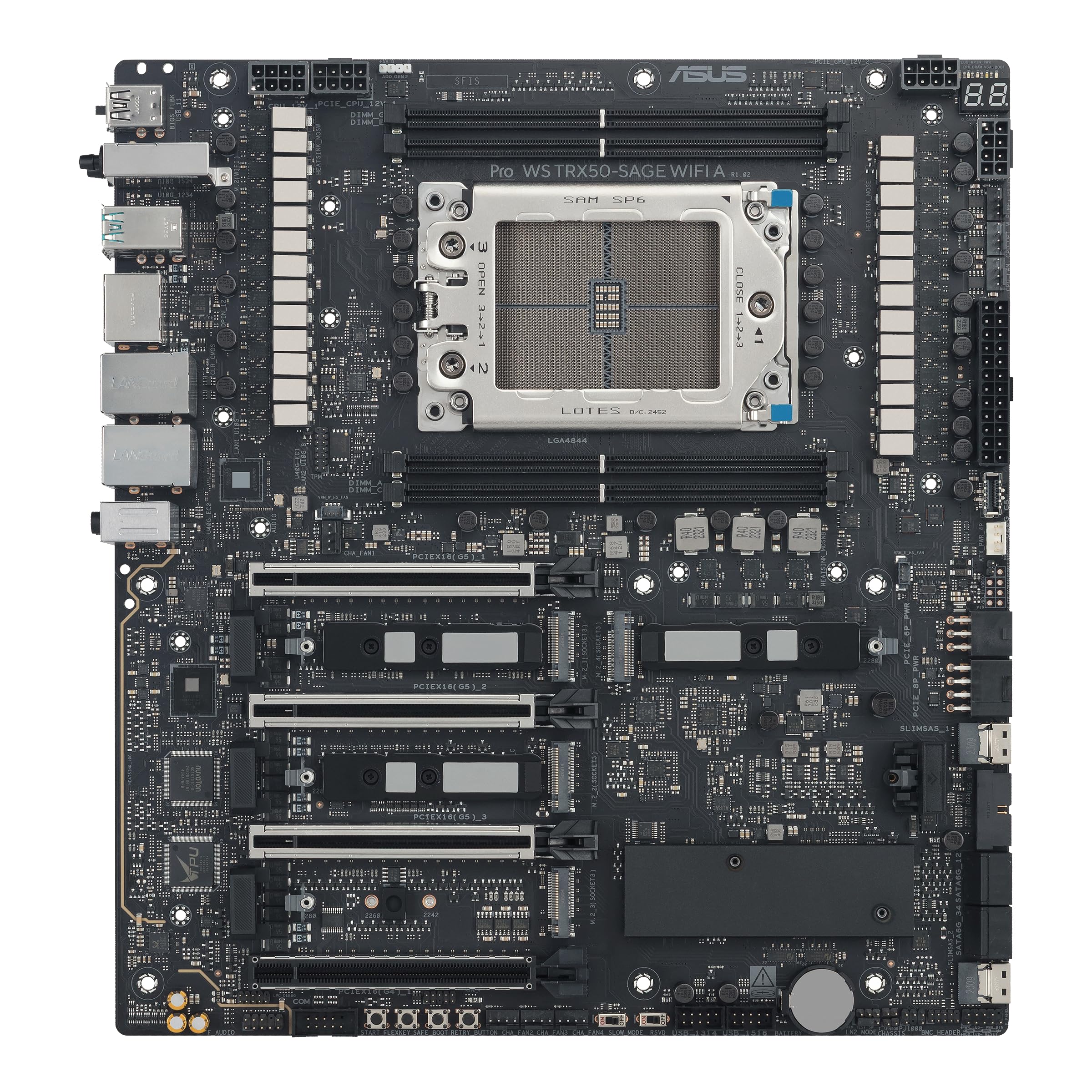 ASUS PRO WS TRX50-SAGE WIFI A, płyta główna AMD, gniazdo AMD sTR5 dla procesora do 96 rdzeni, 36 stopni zasilania, gniazdo DDR5 ECC R-DIMM, trzy gniazda M.2, trzy gniazda PCIe 5.0, USB-C 20 Gb/s