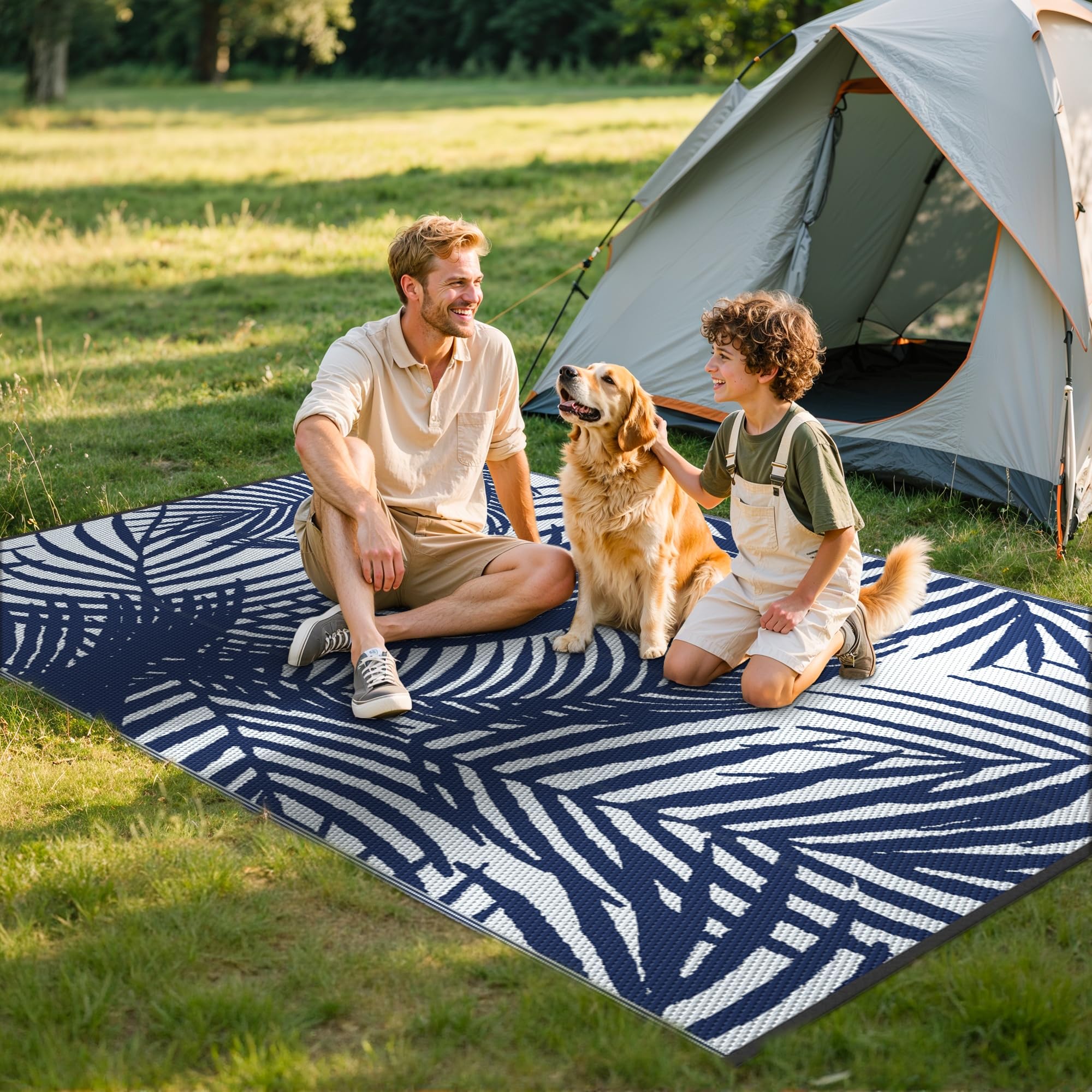 GENIMO Outdoor Rug 120X180CM, Small Botanical Leaf Waterproof Reversible Garden Rug, Washable Patio Carpet, Recycled Plastic, Modern Outside Mat for Out Door, Backyard, Blue and White