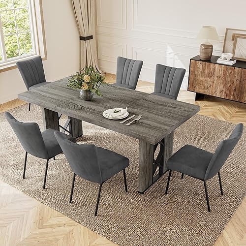 Miniatura 14 de Juego de mesa de comedor de 7 piezas para 6-8 personas, mesa de cocina MDF de 70.8 pulgadas con 6 sillas tapizadas, ahorro de espacio para comedor,