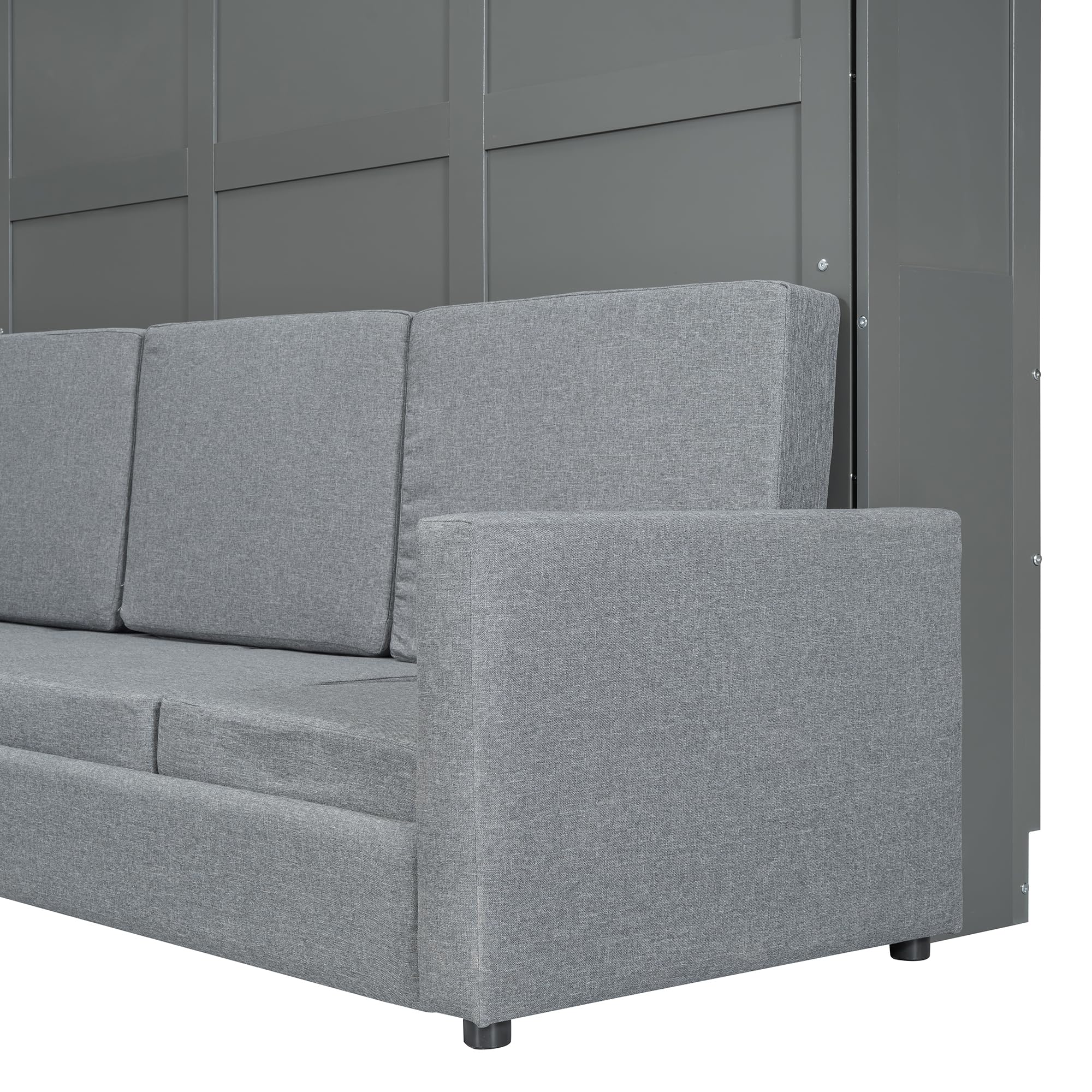 Close-up view of the sofa armrest and fabric texture.