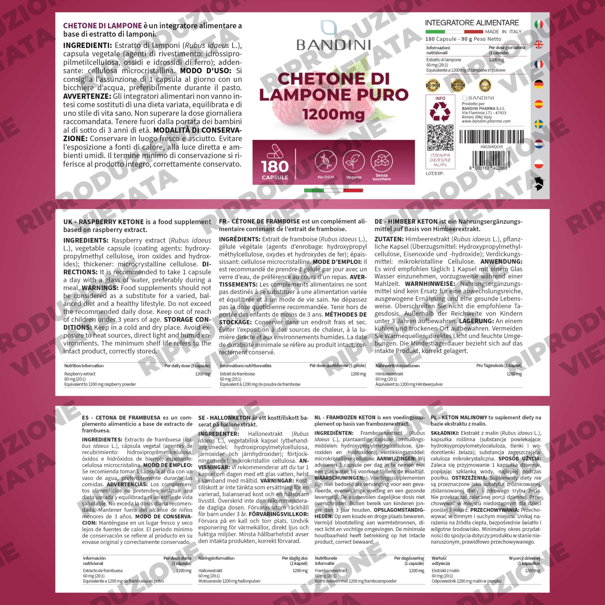 Bandini® Chetone di Lampone Puro 1200mg - Integratore Vegano con 180 Capsule per 6 Mesi - Vegan, Facile da Deglutire - Ideale per Dieta Keto, Low Carb e Stili di Vita Equilibrati