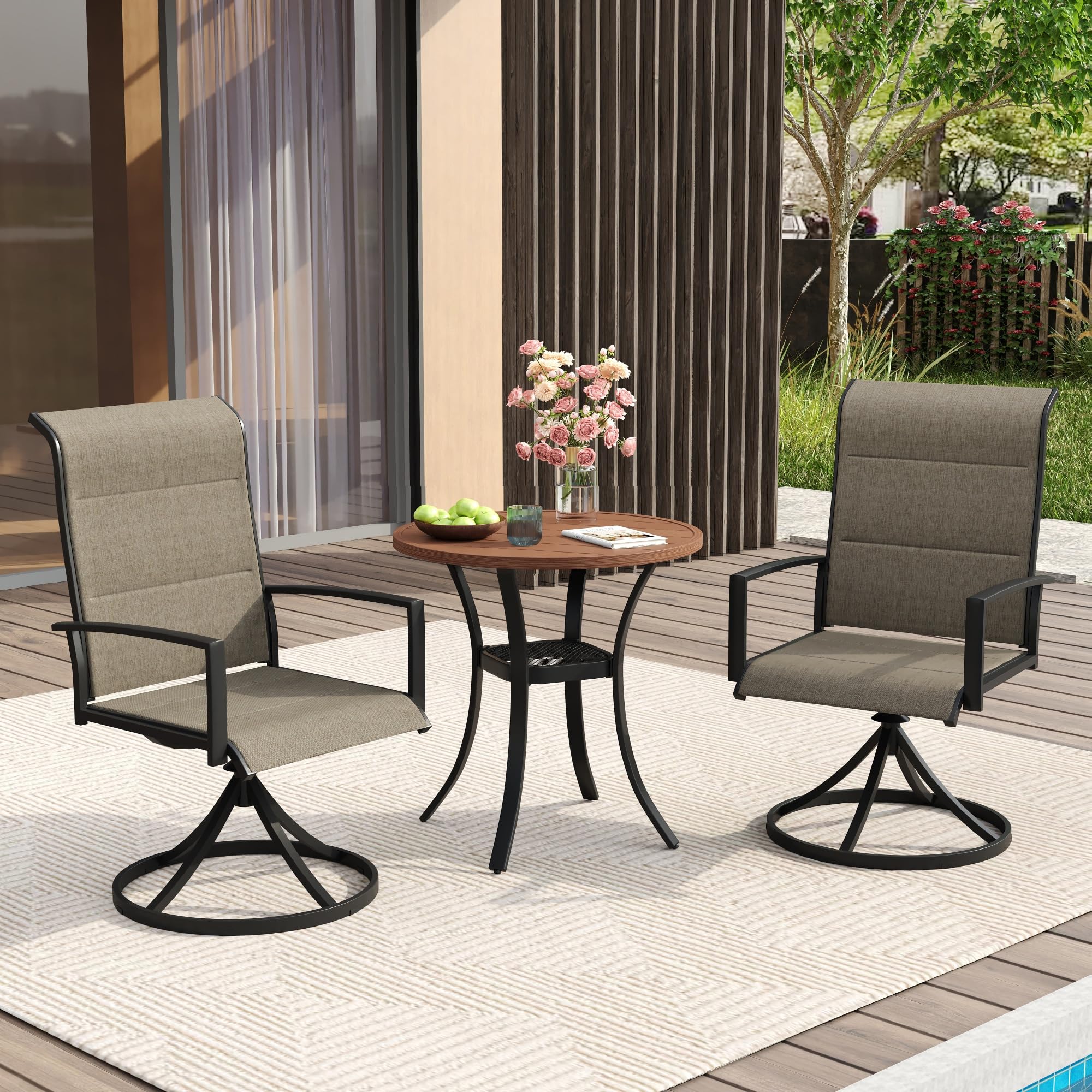 VICLLAX 3 Pieces Patio Dining Set - 27.5" Round Patio Table and 2 Outdoor Swivel Padded Chairs, Walnut Tabletop and Mixed Brown Fabric