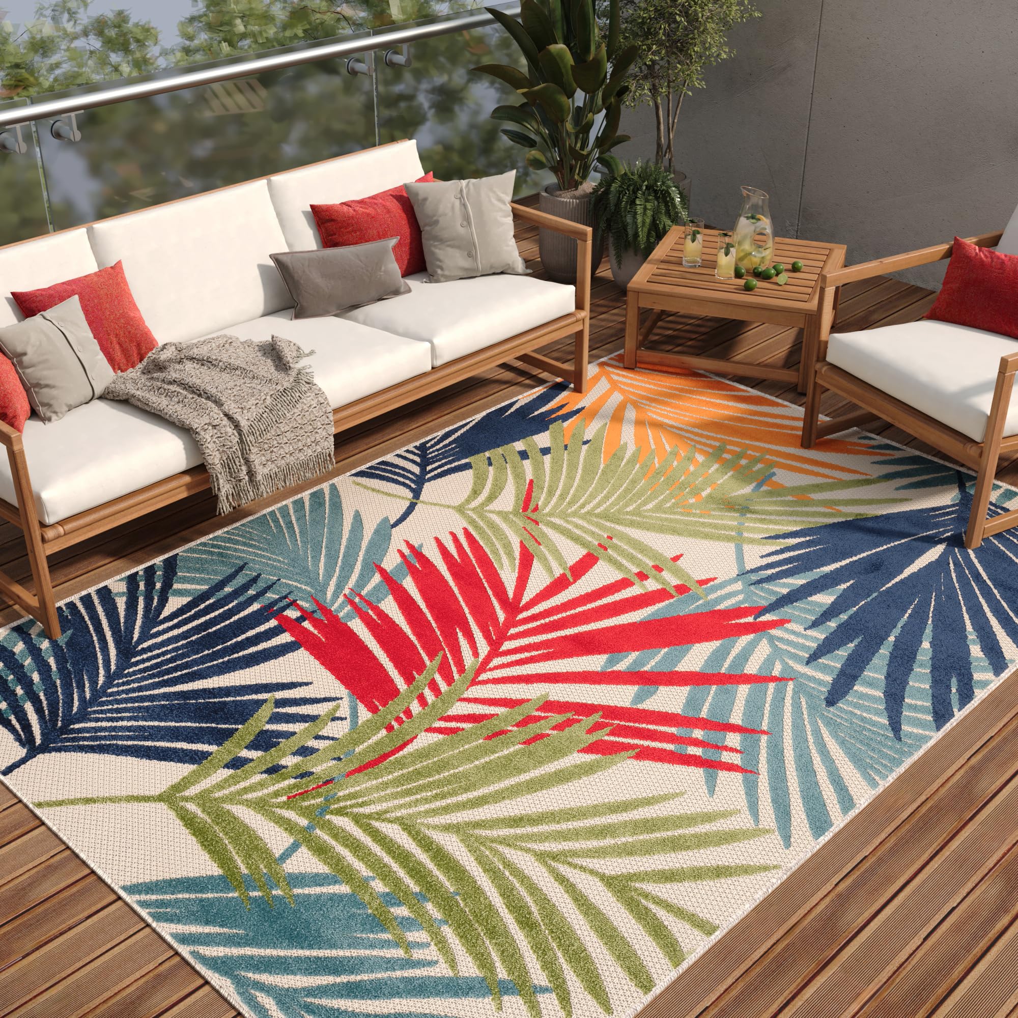 TAPISO Patio dywan tarasowy, mata do kuchni, salonu, na zewnątrz, nowoczesne wzornictwo, 3D, kolory: zielony, kremowy, czerwony, niebieski, pomarańczowy, liście, sizalowy, odporny na uszkodzenia 200 x 300 cm
