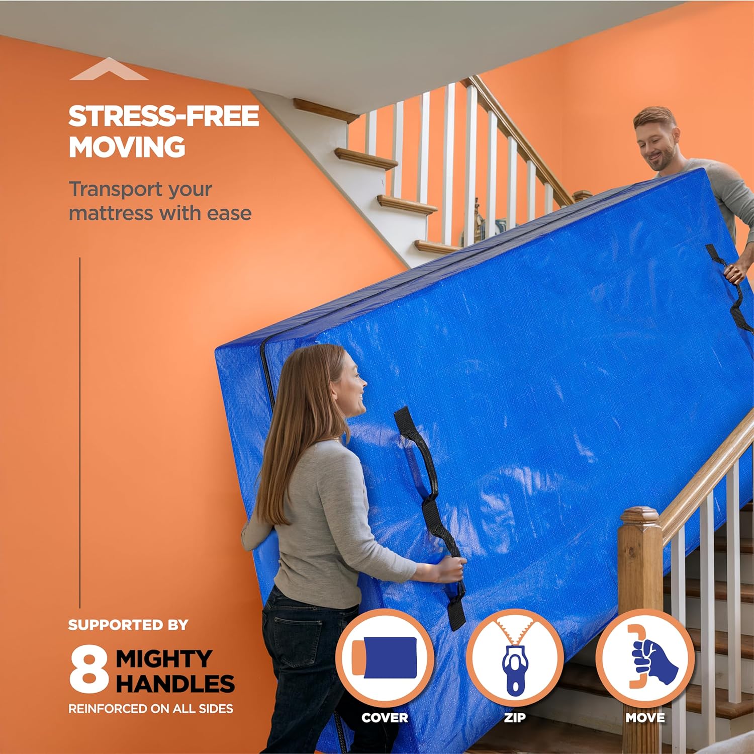 Mattress Bags for Moving with 8 Handles – King Mattress Moving Bag – Tear-Proof Mattress Storage Cover with Dual Zippers – Reusable Mattress Moving Bags for Transport & Storage Mattress Protector - Image 2