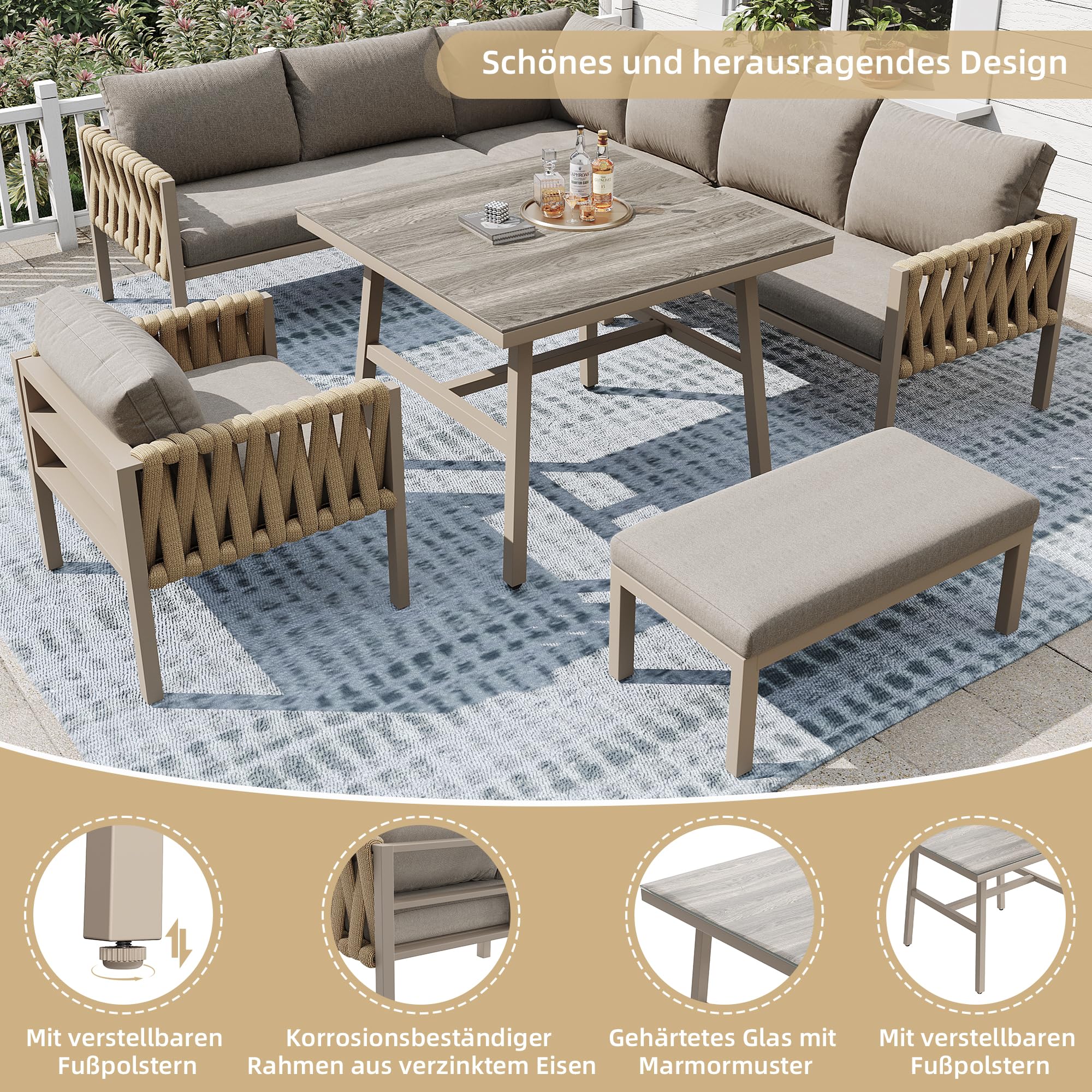 Ensemble Salon de Jardin Extérieur 8 Places Table Verre Trempé Métal Galvanisé Coussins Kaki 238x61x78 cm