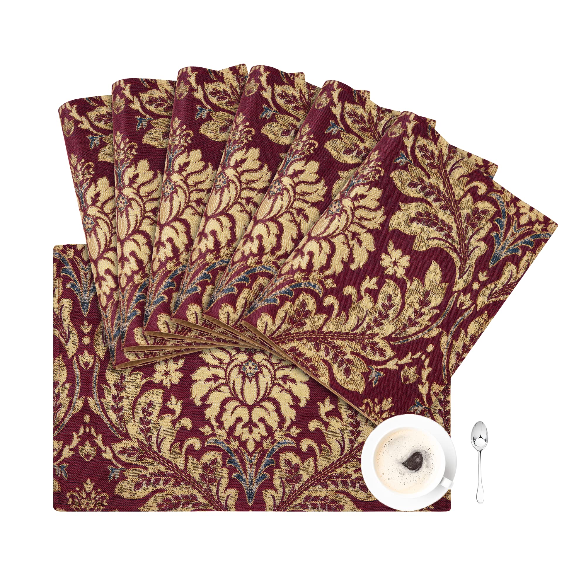 Loom and Mill Luxury Jacquard Placemats Set of 6, Burgundy Red Damask Non-Slip Table Place Mats for Christmas Holiday Kitchen Party Decor, Durable &