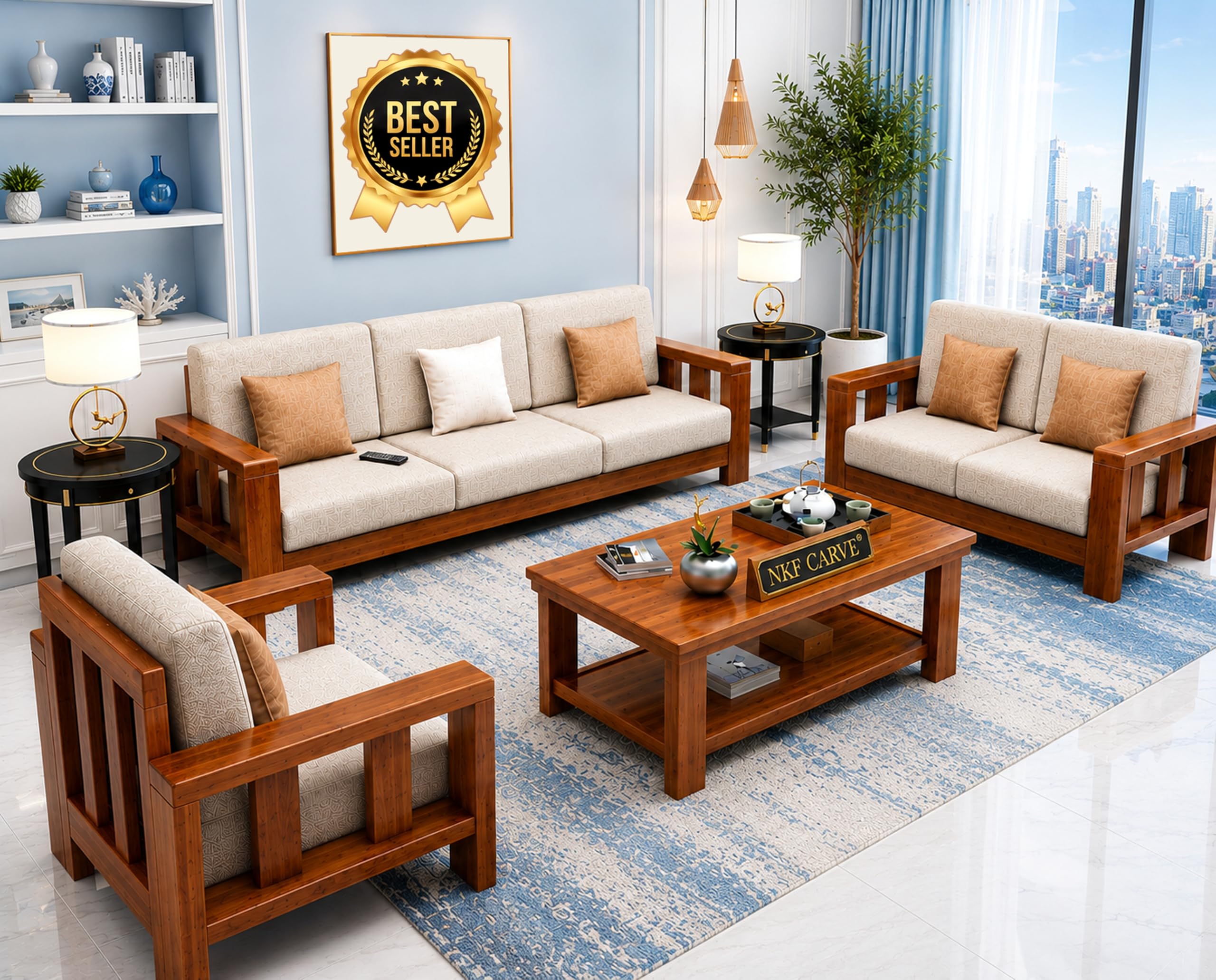 Wooden Sofa Set for Living Room | 6 Seater With Center Table | Solid Sheesham Wood Furniture (3+2+1, Brown, Natural Teak Finish)-image-32