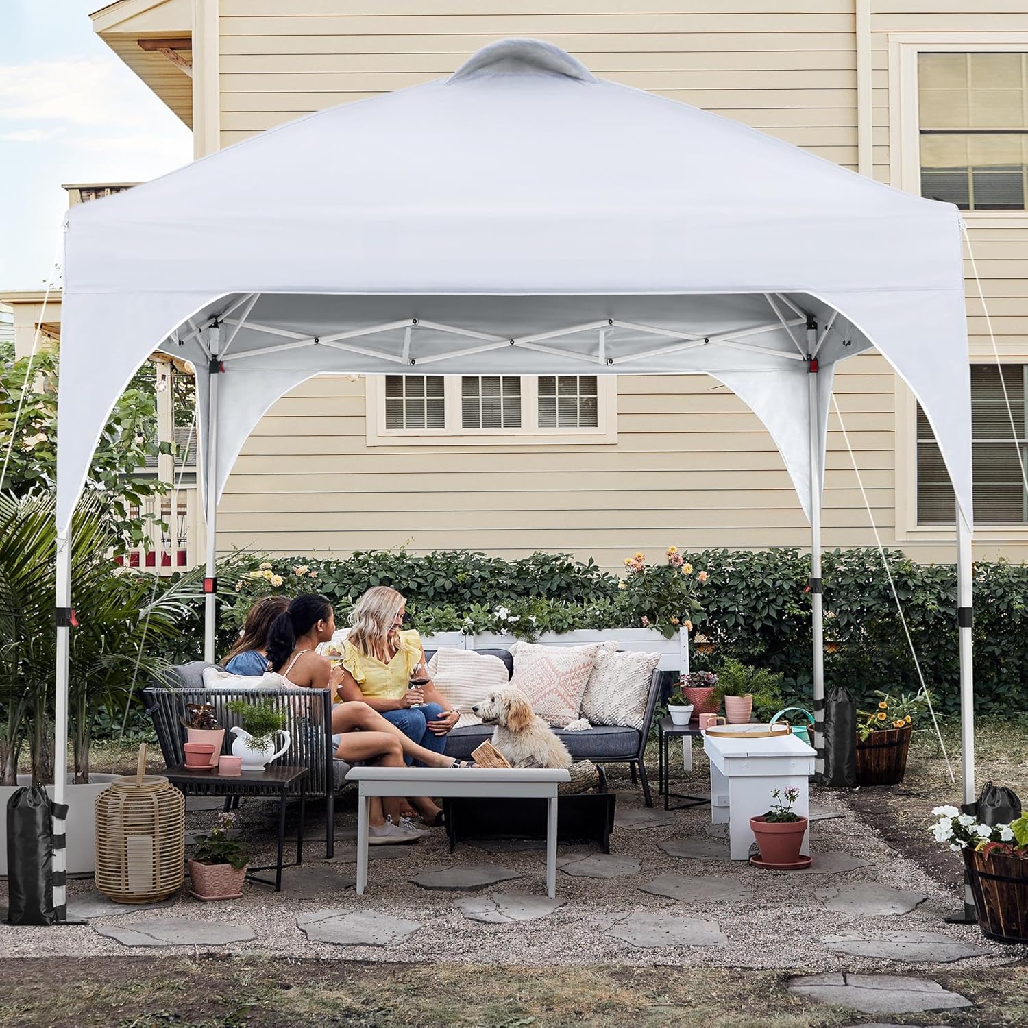 Yaheetech 10x10ft Pop-Up Canopy Tent with 17 Solar LED Lights, Outdoor Garden Gazebo, Ez Set-up Instant Sun Shelter Tent w/Wheeled Bag, 4 Sandbags, Ropes & 12 Stakes for Parties, Beach, Camping, White