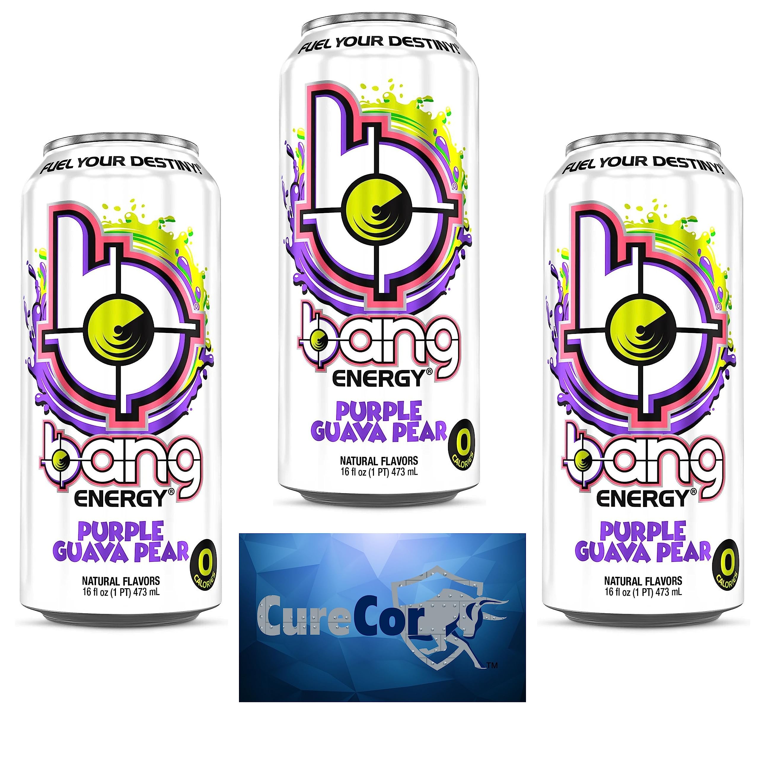 Bang-Energy Drink Three (3) Cans 16Fl oz Sugar-Free, Experience Unrivaled Energy, Mental Focus & Performance with Curecor Authentic Collective Sticker! (Purple Guava Pear)