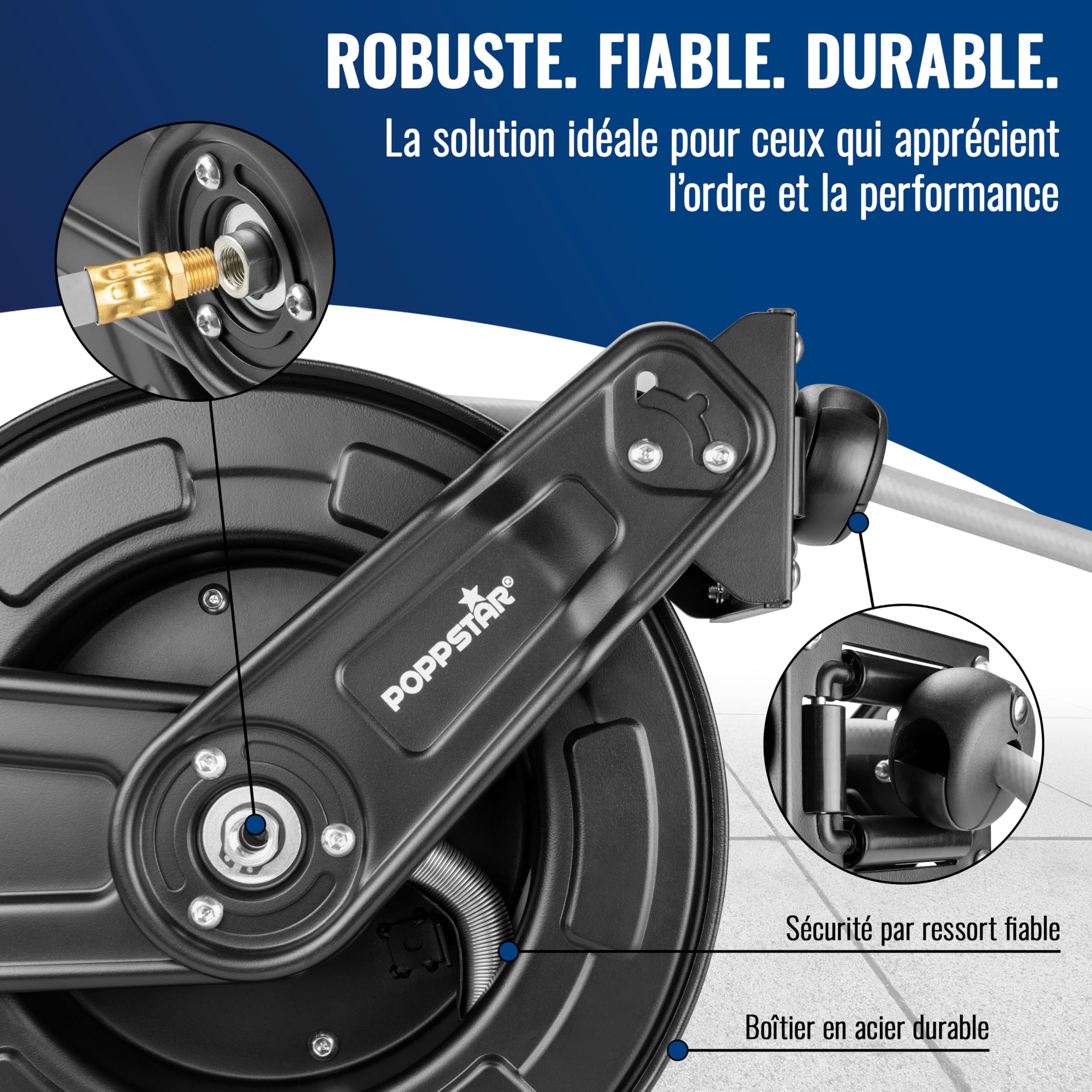 Poppstar Enrouleur de tuyau d'air comprimé en acier (20m+2m, diamètre (9,2x15mm)), raccords 1/4 pouce BSPT