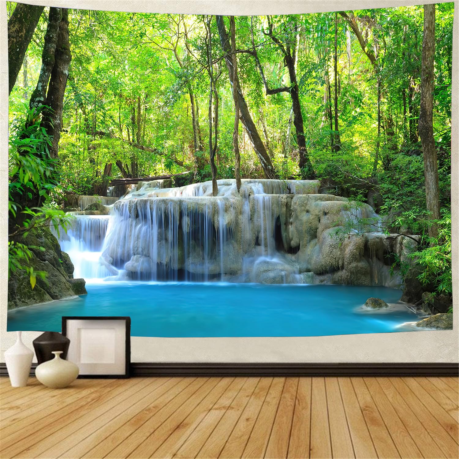 FENDROM Waterfall Tapestry Nature Stone River Forest Scenery Theme Print Landscape Jungle Wall Hanging for Living Room Party Beach Picnic Blankets