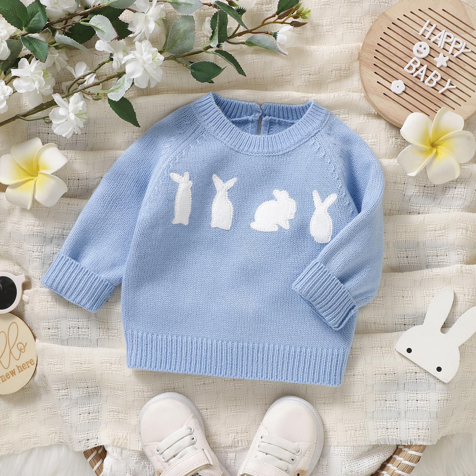 MAYUMMPY Toddler Baby Girl Boy Knit Easter Sweater Bunny Pullover Sweatshirt Knitwear Newborn Kids Easter Clothes (Bunny Sweaters Blue, 12-18 Months)
